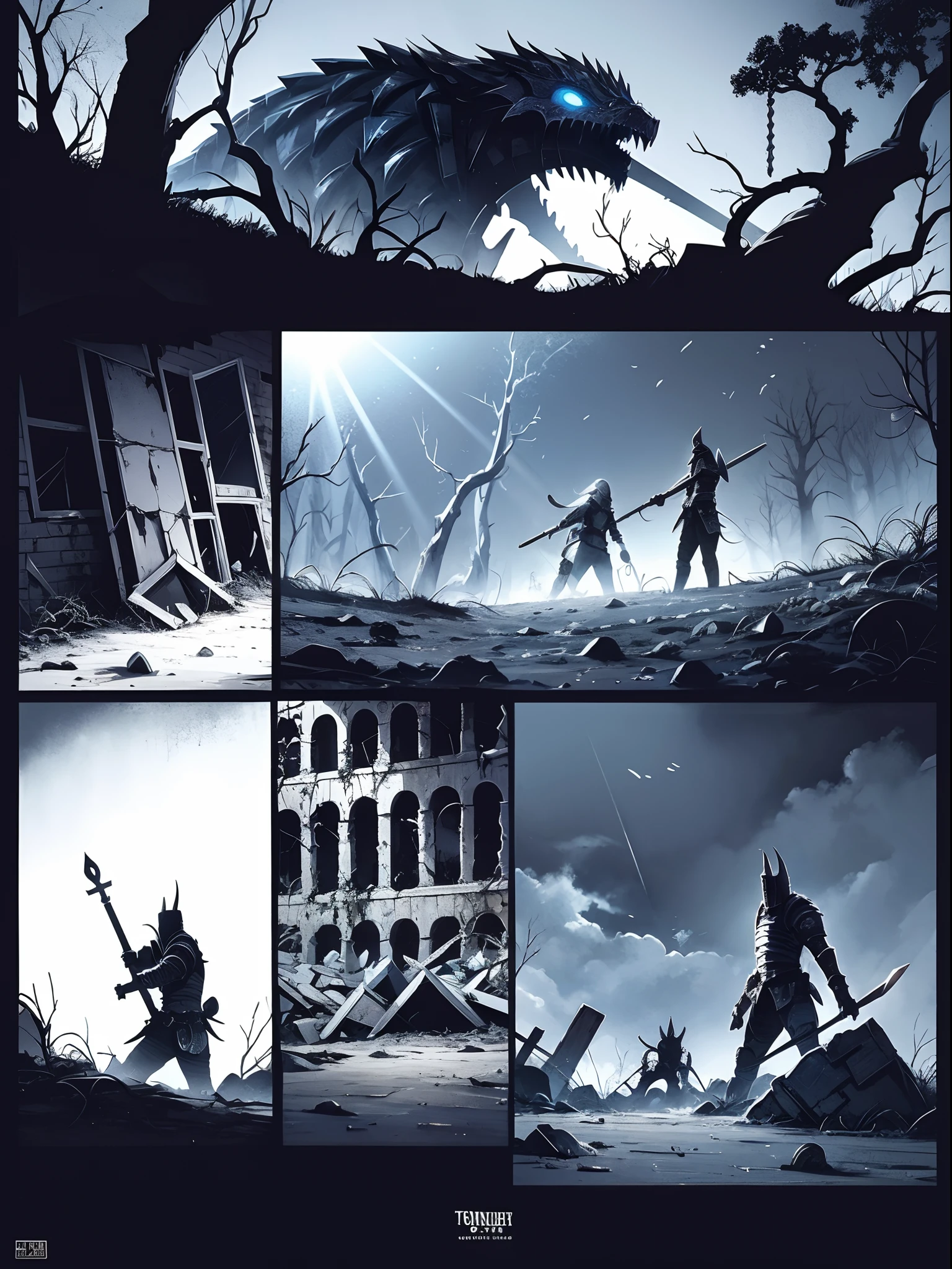 comic_layout, metal maden male chaos warrior of khorne in armor is holding a great sword in a ruined post-apocalyptic city, skulls mask, sci-fi, fantasy, horror, skulls on the ground, blood, Tornado, Roman, Empty chairs,Tangled roots,Key, Warped,Mangled,Ethereal, (Isolation:1.1), (Glaze:1.1), (Reflected light:1.2), Glass, Polygon, ultra detailed, intricate, oil on canvas, dry brush, (surrealism:1.1), (disturbing:1.1)
