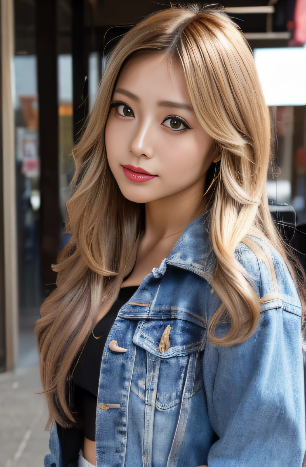 (masterpiece:1.2), ultra detailed, ultra high res, (realistic, photo realistic:1.37), high detail RAW color photo, professional photograph, an extremely delicate and beautiful, extremely detailed, finely detail, huge file size, extremely detailed beautiful girl, extremely detailed face, extremely detailed eyes, extremely detailed skin, extremely detailed nose, extremely detailed mouth, perfect anatomy, highly detailed background, shiny skin, (Japanese famous actress:1.5), (gyaru), flat chest, looking at viewer, full body, (dynamic pose:1.4), dynamic lighting, denim jacket, midriff peek, (brown race, dark skin, blond hair:1.3), (full body:1.4), (shibuya;1.2),