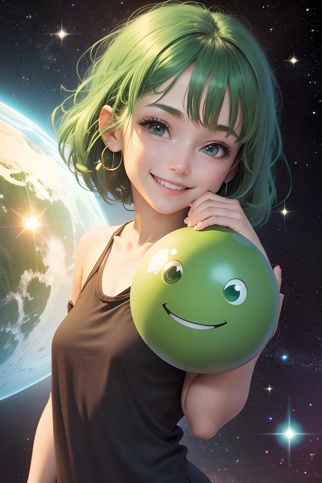 Hitchhiker's Guide to the galaxy, round green object, with a smile, background of stars