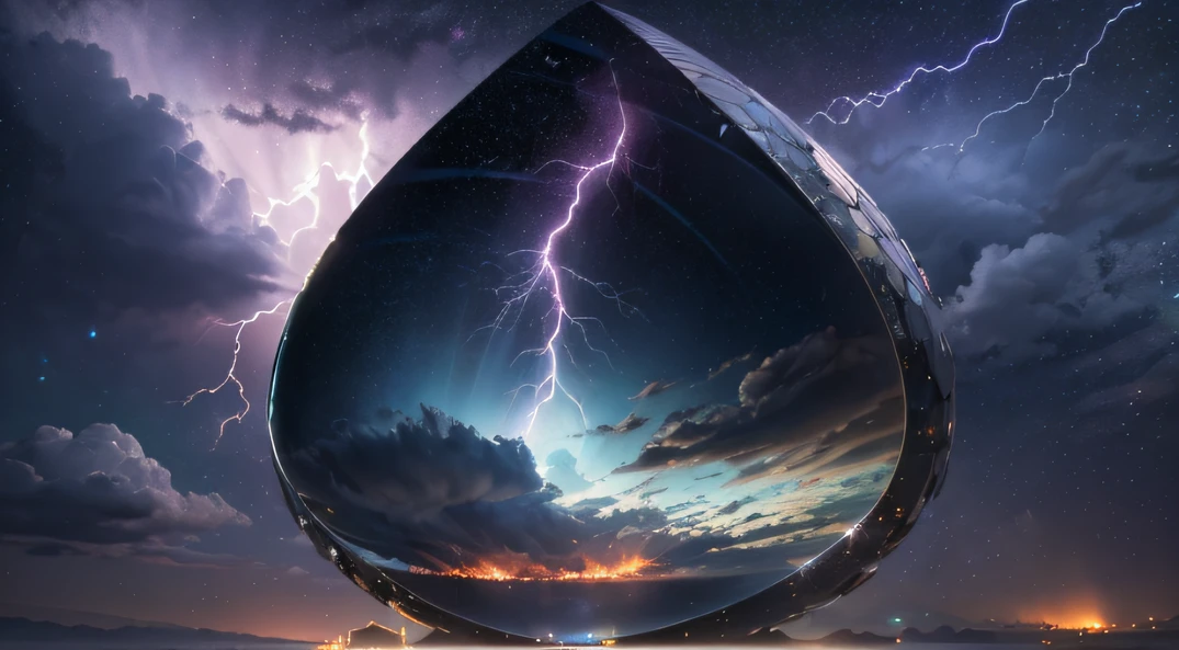 Giant teardrop-shaped crystal cosmic elliptical ship,,Skysky,dark stormy clouds,Sky full of lightning, It will be a thunderstorm,