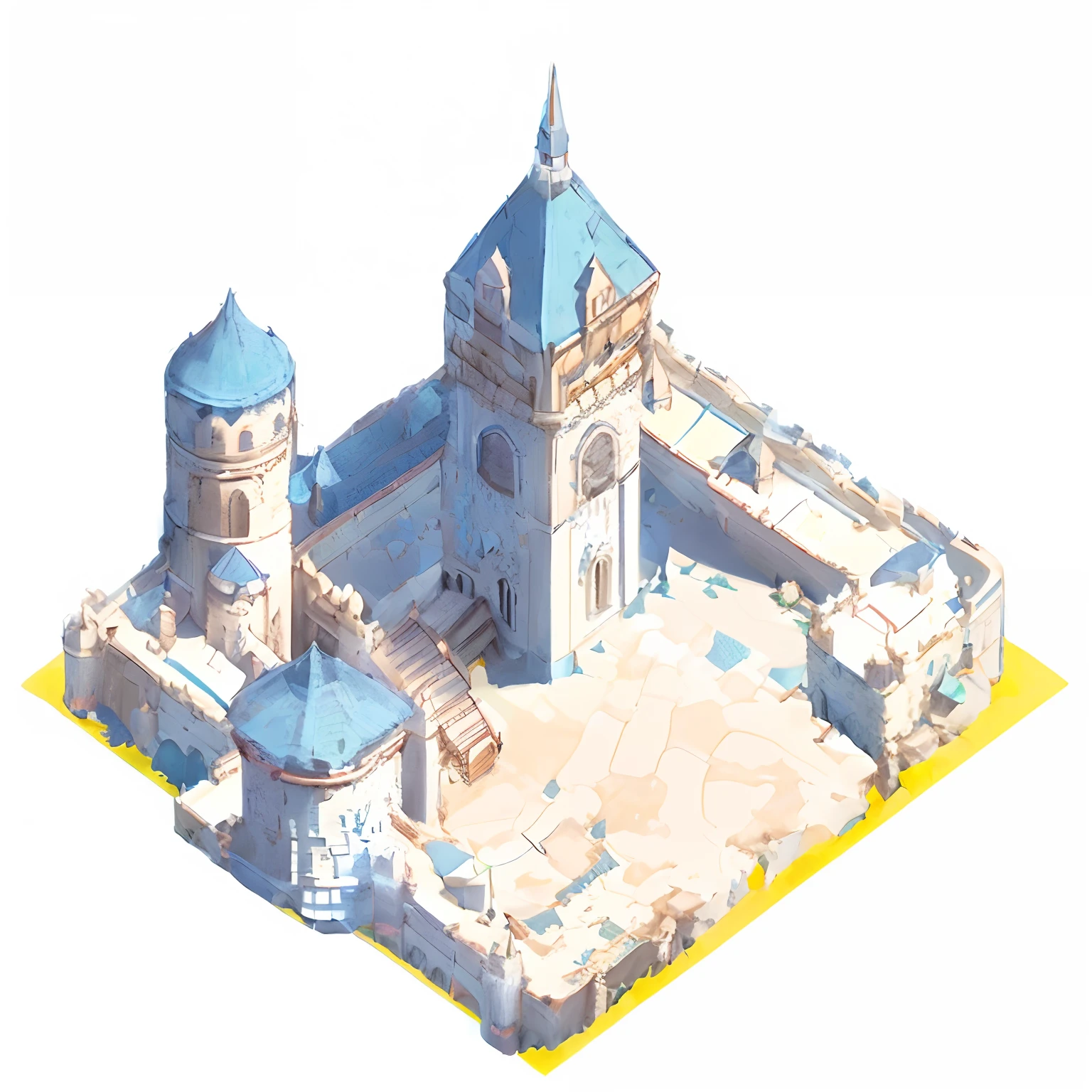 light blue roof, a castle scene with multiple buildings and a tall tower, in the style of low poly, isometric, sanctuary, beige and azure, hyper-realistic details, marble, colorful moebius