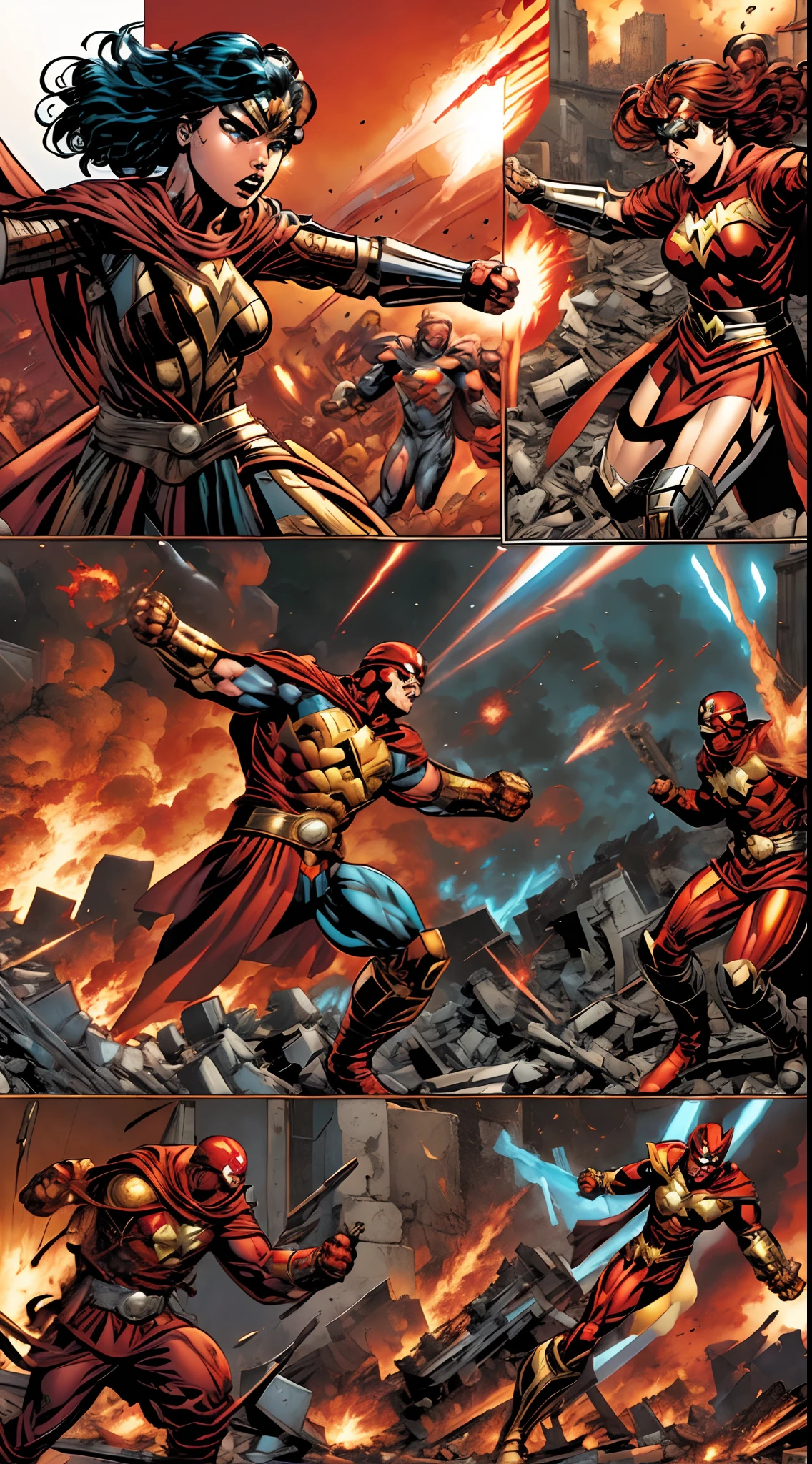 (comic strip:1.5), Flame Woman and super villains engage in epic battles.Flames, explosions, superpowers, punching, kicking, fireballs, combo moves, encirclement, villain, thug, mecha armor, flamethrowers, rocket launchers, intense, destruction, disaster, battle, victory, hero, justice