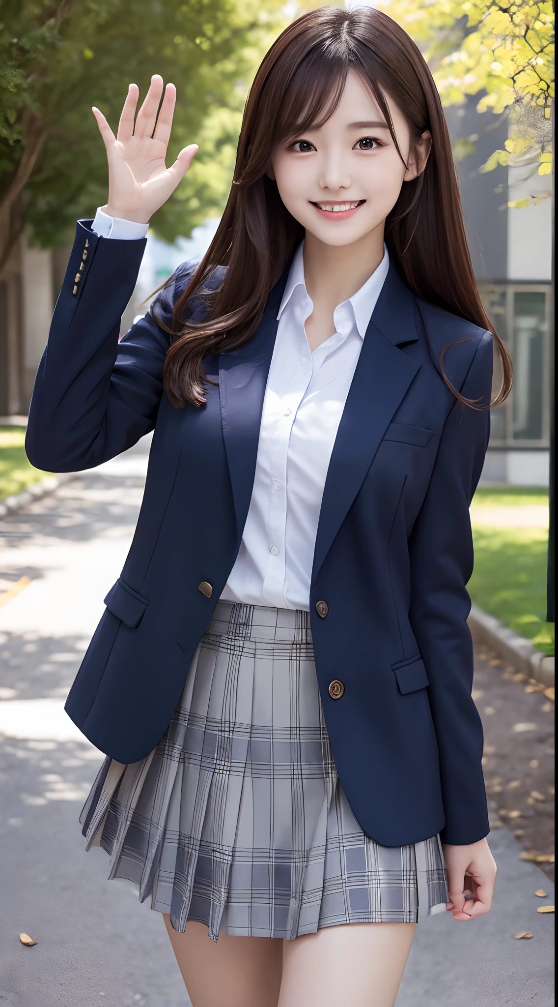 a beauty girl、Brown hair、Medium hair、High school students、student clothes、Dark blue blazer、White shirt under blazer、Colossal tits、Plaid gray skirt、Shade of trees in the schoolyard、Smile、wave her hand