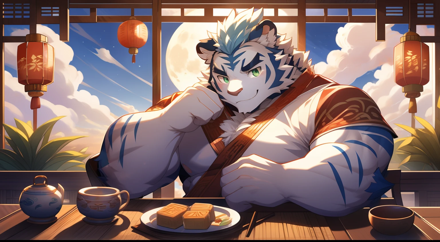 tmasterpiece，the night，Anthropomorphic white tiger，male people，26 year old，Thick eyebrows，Light blue fur，Strong body，white hanfu，Exposes large pectoral muscles，medium bulge，Sit at the table，Hold a cup of hot tea，On the table was a plate of mooncakes，the fruits，Red candles，ssmile，Be red in the face，Blue-green pupils，Strong，Solo，frontage，looking toward the viewer，A huge full moon in the sky，Auspicious clouds，green plant，Classical Chinese courtyard，Kongming Lantern，