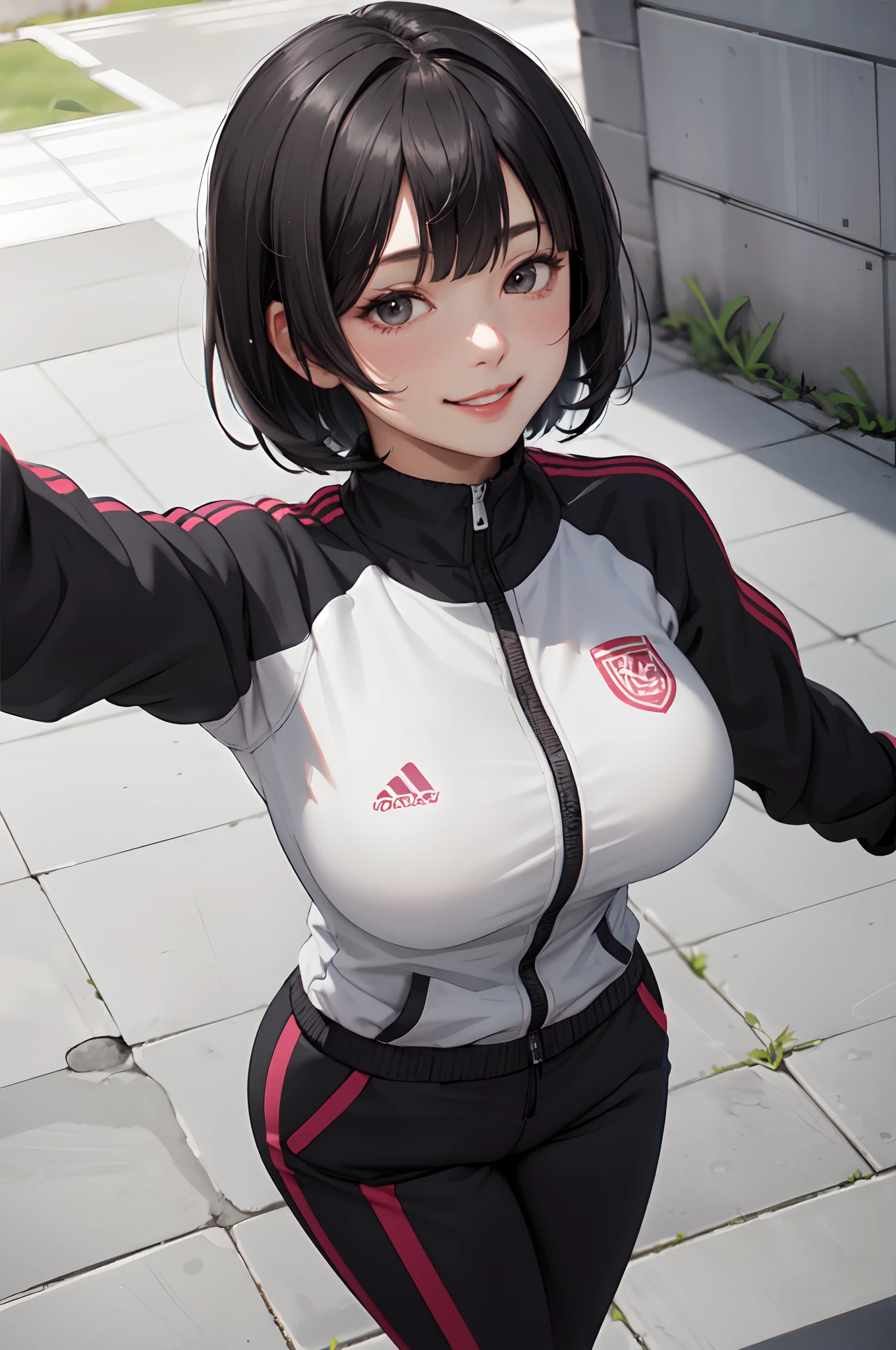 1lady standing, mature female, /(tracksuit long sleeve/) spats, /(black short hair/) bangs, blush kind smile, (masterpiece best quality:1.2) delicate illustration ultra-detailed, large breasts, arms down BREAK /(pubric park outdoors/), detailed background