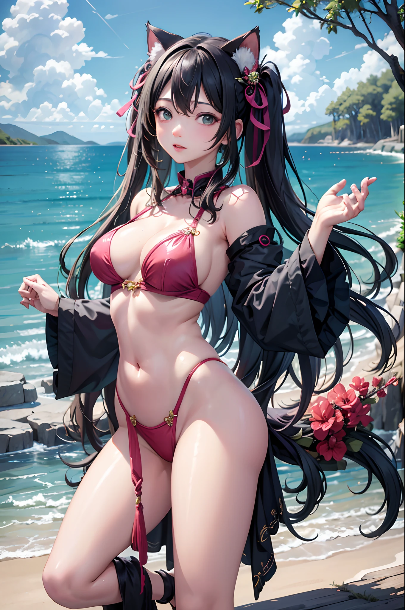 (masterpiece、top-quality、Official art:1.2)、(colourfull)、miku hatsune、see the beholder、1girl in、portlate、独奏、Colorful water levitation、Lying girl、realisticlying、Wearing pink pajamas、Cute、A sexy、a navel、accessorized、Correct anatomy、细致背景、hair adornments、Cat's ears、presence、acrobat、