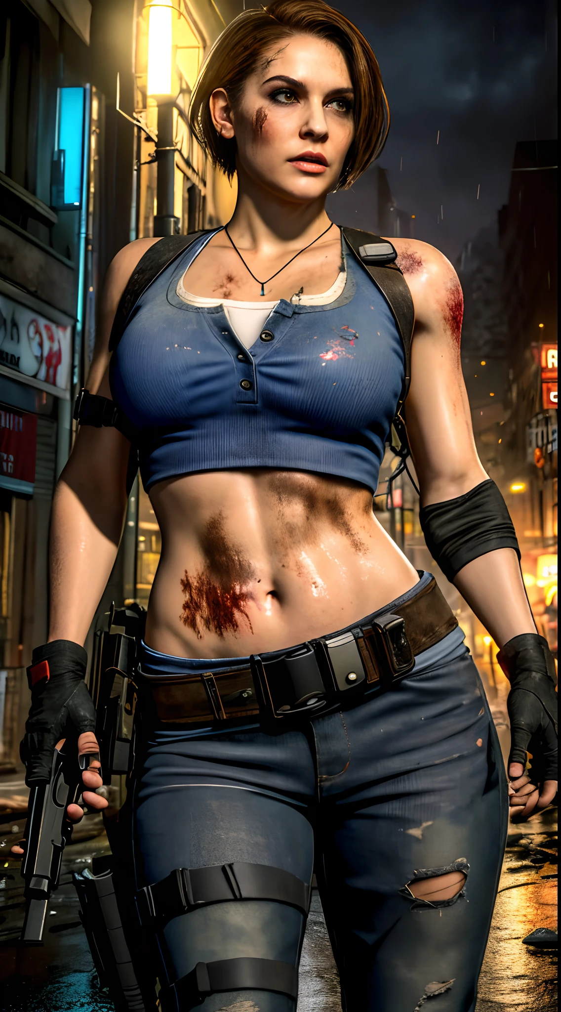 jillre3,youthful,jr3 outfit,flat stomach,jr3 equipment,fighting stance,character,video game,short hair,(((damaged clothes))), gigantic breasts,slim waist,wide hips,high waist,serious expression,hard nipple,breasts about to burst of her clothing,dead rising,Resident Evil background,in the raccoon city,a horde of zombie,zombie apocalypse background,rain,wet clothes,Holding a rifle in both hands, best quality, masterpiece, intricate details, tonemapping, sharp focus, hyper detailed, trending on Artstation, realistic,(looking at viewer:1.4)