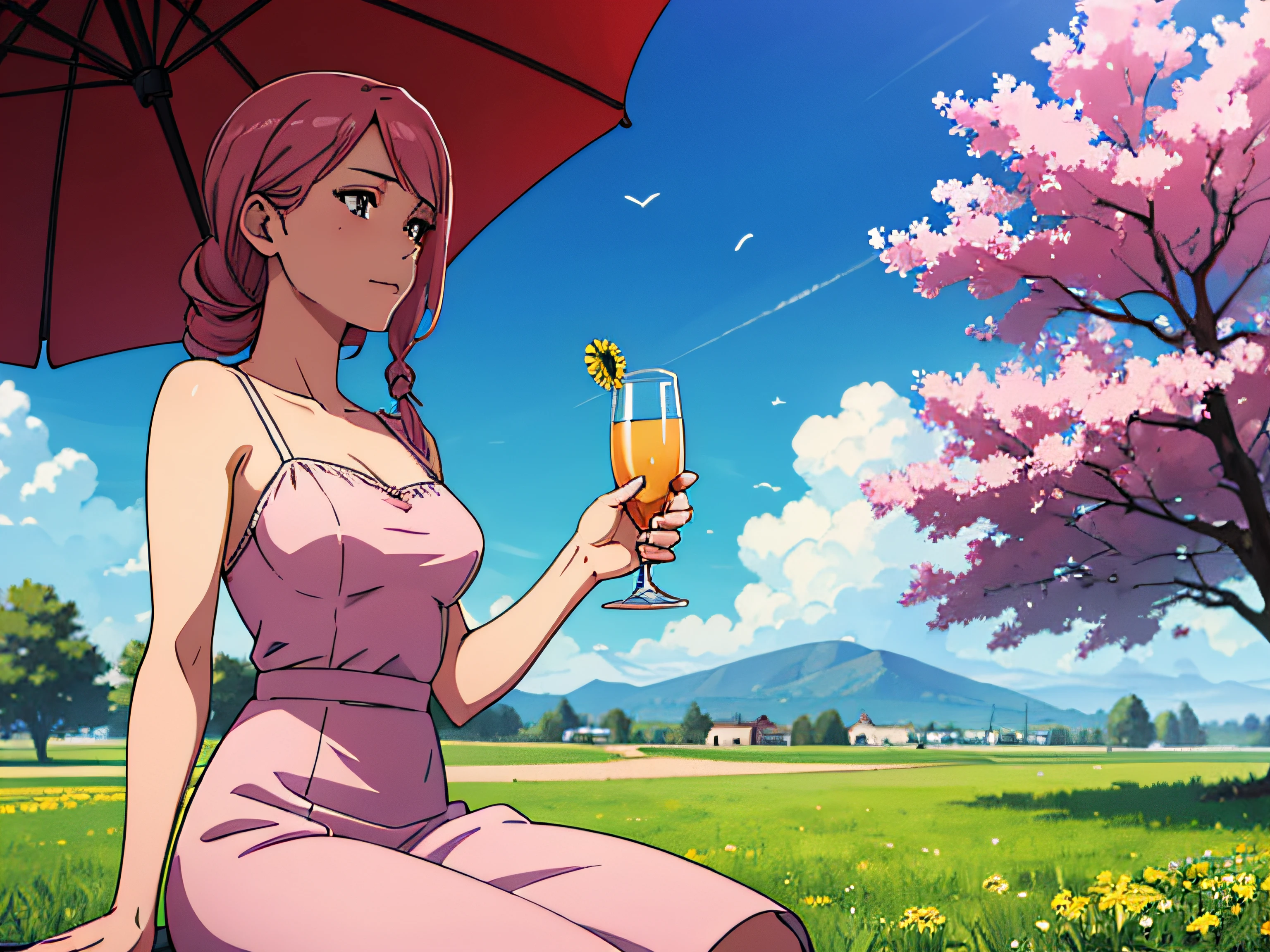 1anime girl sitting in nature at a white table under an umbrella and drinking from a glass, Beautiful girl in close plan, Average Breasts, pink hair, Tender Scene, Depth of field, Beautiful trees and flowers in the background, super detaill, detailized face, Detailed hands, Beautiful dress on a girl, super quality, tmasterpiece, blue sky with clouds, Realistic light, rassejanjy world, Flying dandelions in the background, rays of sunshine, Sweet girl