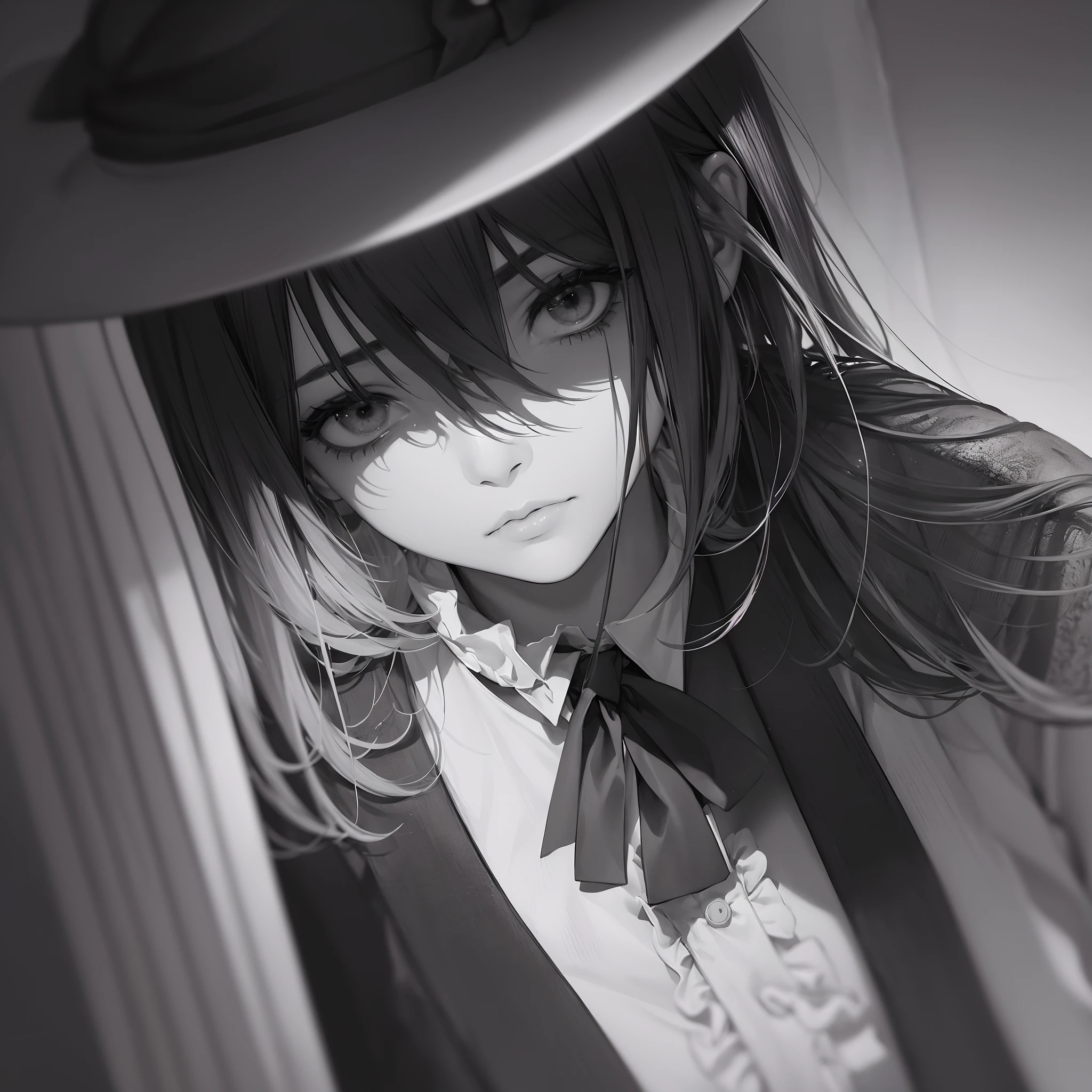 (La mejor calidad, Ultra detallado, realista), hombre con los ojos vendados, cana, traje negro, ojos detallados, Labios detallados, mirada intensa, Mysterious atmosphere, fondo oscuro, Dramatic lighting, Fine pencil drawing, Monochromatic color scheme.