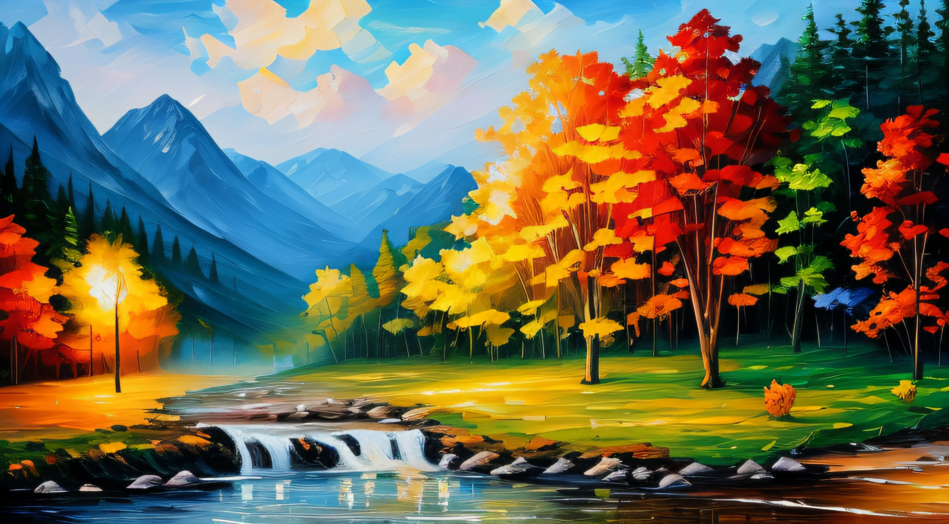 Painting of a cabin in a mountain stream with a waterfall, children play around cabin, 4 k watercolor painting, beautiful painting, 4 k, cottage in the forest, beautiful oil painting on canvas, detailed brush stroke,  beautiful digital painting, smooth oil painting, beautiful art uhd 4 k, 8 k hd detailed oil painting, oil digital painting, Beautiful Landscape Art On Canvas By Leonid Afremov