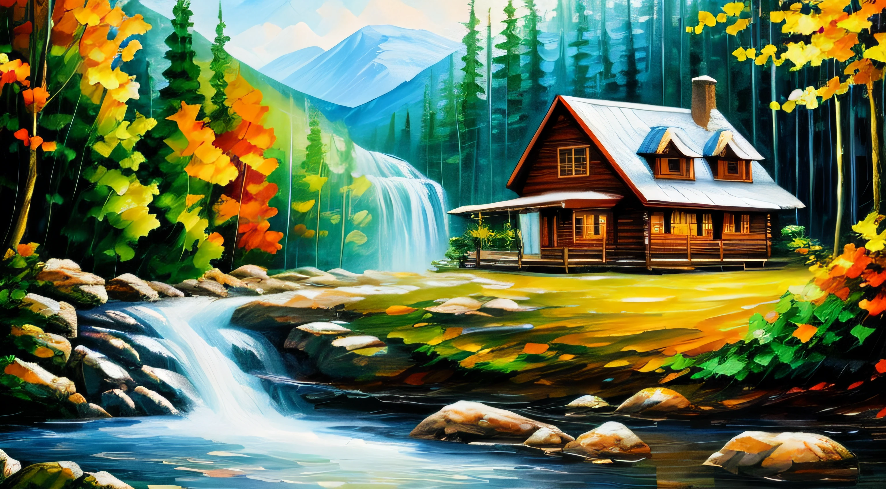 Painting of a cabin in a mountain stream with a waterfall, children play around cabin, 4 k watercolor painting, beautiful painting, 4 k, cottage in the forest, beautiful oil painting on canvas, detailed brush stroke, beautiful digital painting, smooth oil painting, beautiful art uhd 4 k, 8 k hd detailed oil painting, oil digital painting, Beautiful Landscape Art On Canvas By Leonid Afremov