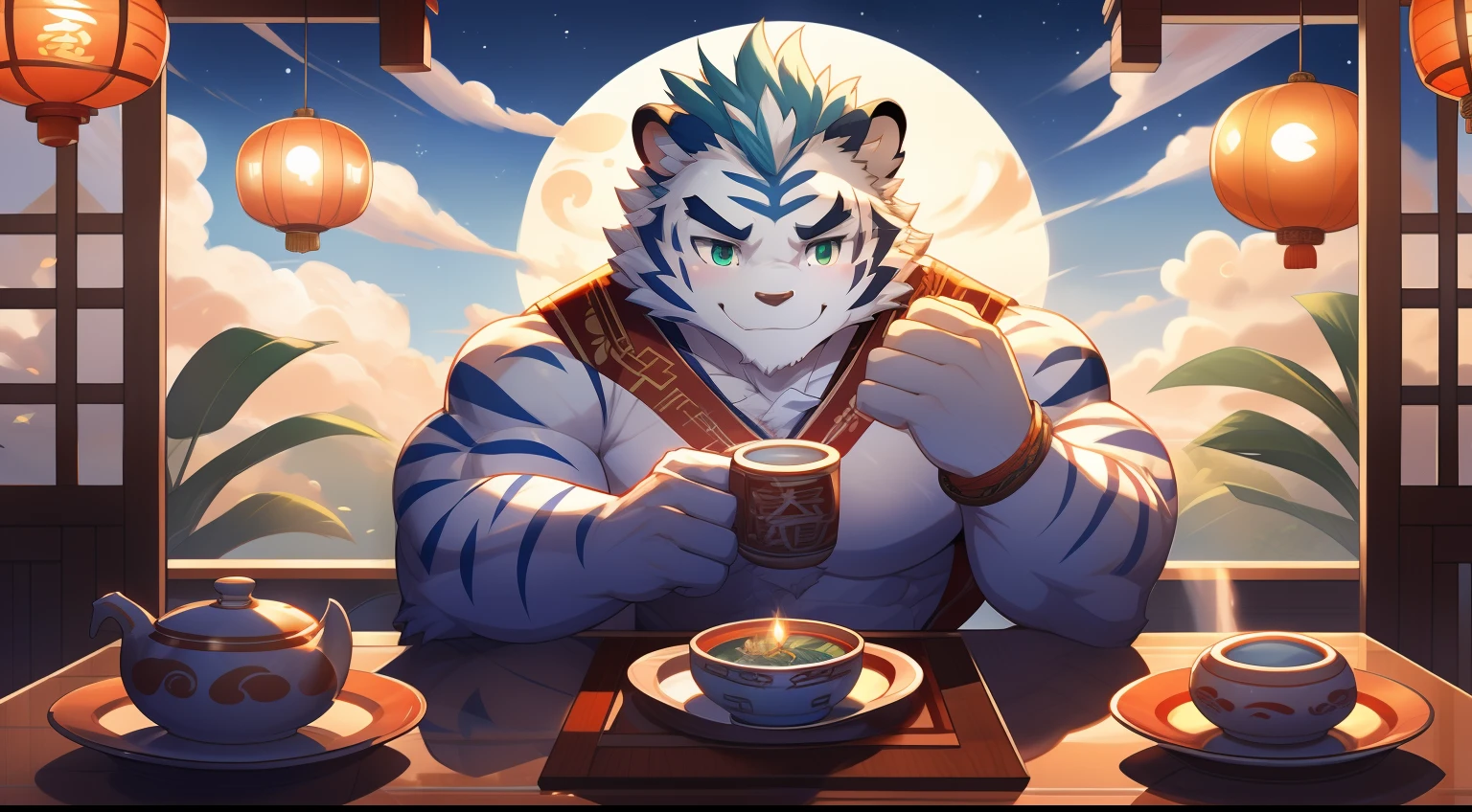 tmasterpiece,the night,Anthropomorphic white tiger,male people,26 year old,Thick eyebrows,Light blue fur,Strong body,white hanfu,Exposes large pectoral muscles,medium bulge,Sit at the table,Hold a cup of hot tea,On the table was a plate of mooncakes,the fruits,Red candles,ssmile,Be red in the face,Blue-green pupils,Strong,Solo,frontage,looking toward the viewer,A huge full moon in the sky,Auspicious clouds,green plant,Classical Chinese courtyard,Kongming Lantern,