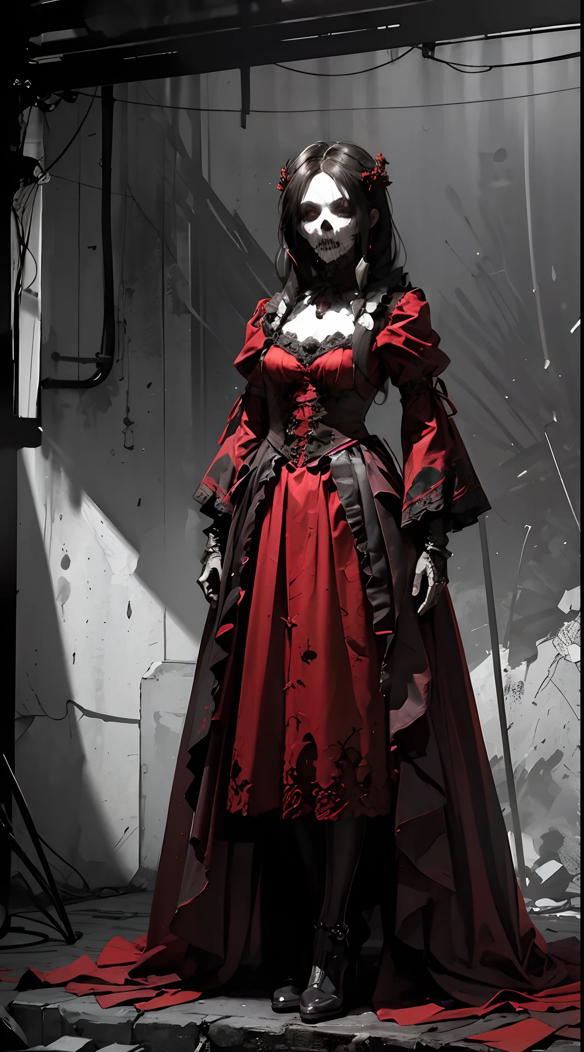 (in 8K. HDR.Hyper-Realism、Masterpiece 1.4、Live Photo 1.4, Best quality1.4, Ultra Detailed 1.4、masterpiece:1.4、Insanely detailed、Perfect Shading、Solo Photography、NIKON nffsw.50mm Lens、full body photographed)(((Gothic ta、Horror、Necronomicon、skeletal,skull,girl、mid night、dimly lit basement、Basement full of eerie objects、A Necromancer、、Whole body bloody、、full body picture 1.5)))(((femele, 18year old、Small face 1.4、a short bob、Bangs on the forehead、A dark-haired、Five Fingers.)))、(small tit、small tits、muscular body、zombie、guts,intestine、Pale ,pale skin、dead body、Detailed skin with visible pores、extremely detailed and beautiful face、Detailed skin)、