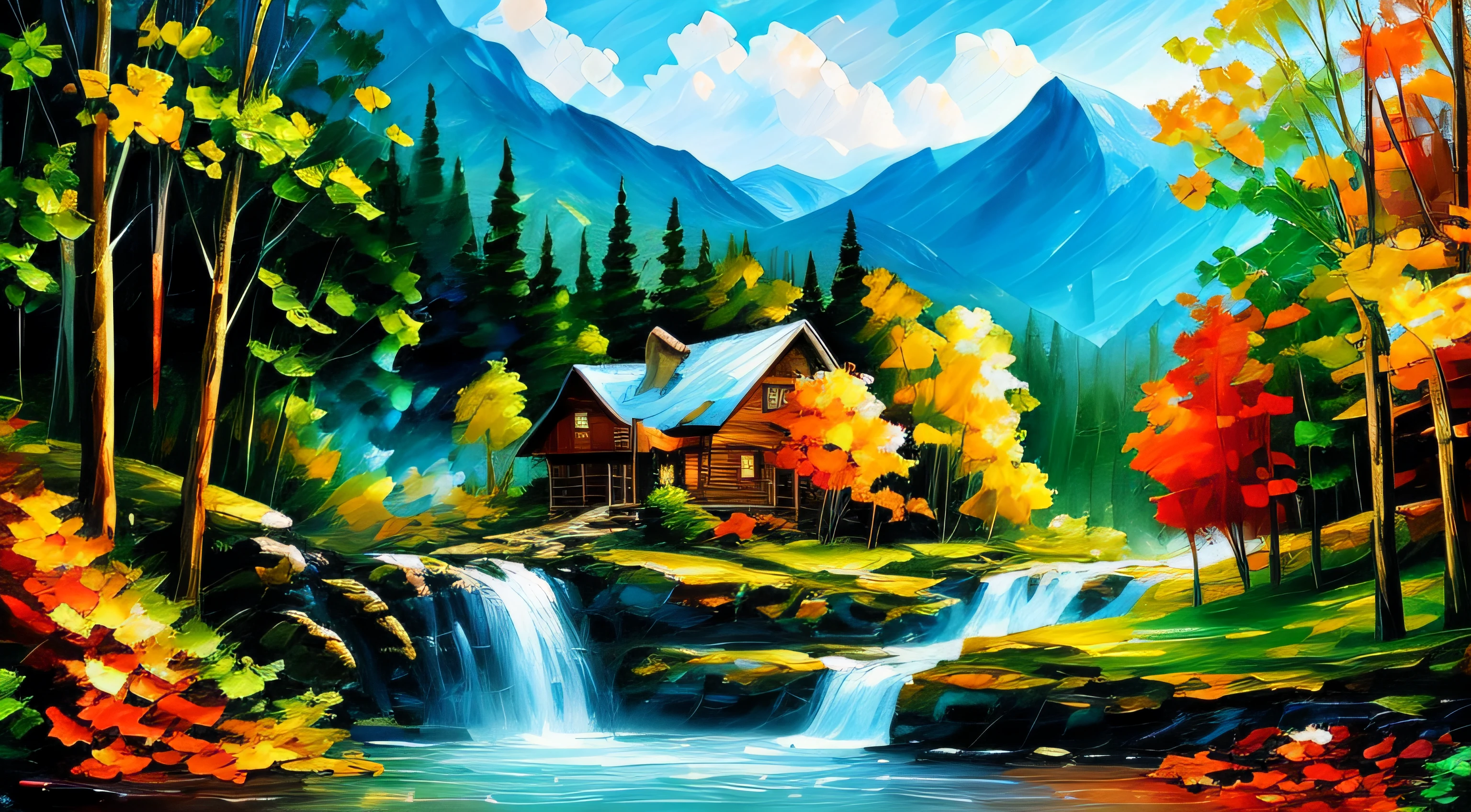 Painting of a cabin in a mountain stream with a waterfall, children play around cabin, 4 k watercolor painting, beautiful painting, 4 k, cottage in the forest, beautiful oil painting on canvas, detailed brush stroke, beautiful digital painting, smooth oil painting, beautiful art uhd 4 k, 8 k hd detailed oil painting, oil digital painting, Beautiful Landscape Art On Canvas By Leonid Afremov