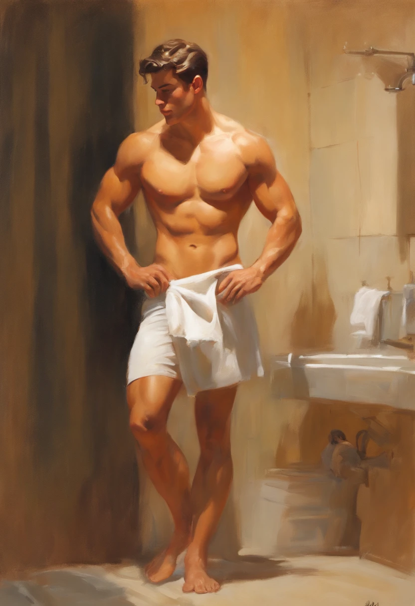 sketch, 20 yo male figure study, young muscle-bound jock, standing, full stocky body, completely naked, totally , , sans clothing, au natural, covering crotch with a white towel, bare butt, crowded gym shower with spraying showers and showering men in background, pastels, by harry bush, James Montgomery Flagg and Lois van Baarle and jim french and rossdraws, detailed realistic eyes, big bare feet, large bulge in crotch, very handsome, beautiful
