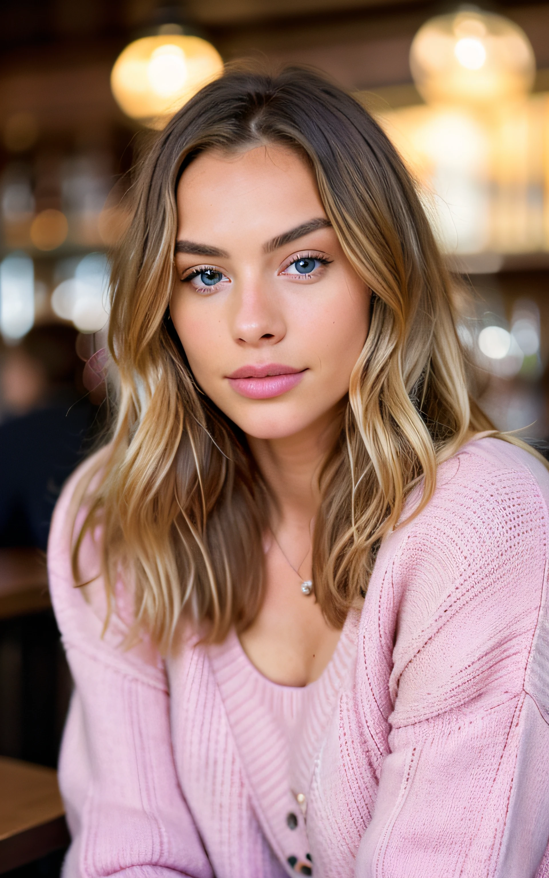 Linda morena com mechas loiras, (22 anos de idade, rosto inocente, cabelos ondulados naturais, olhos azuis), ((wearing pink sweater)), (drinking wine inside a modern pub at sunset), muito detalhado, 21 anos de idade, rosto inocente, cabelos ondulados naturais, olhos azuis, high resolution, obra de arte, melhor qualidade, detalhes intrincados, altamente detalhado, sharp focus, pele detalhada, realista skin textura, textura, olhos detalhados, profissional, 4k, sorriso charmoso, filmado em Canon, 85mm, profundidade superficial de campo, Kodak Vision Colors, corpo em forma perfeita, extremamente detalhado, foto_\(ultra\), photorealista, realista, post-processing, maximum detail, rugosidade, Vida real, ultra realista, fotorrealismo, fotografia, 8K Ultra HD, fotografia INFO