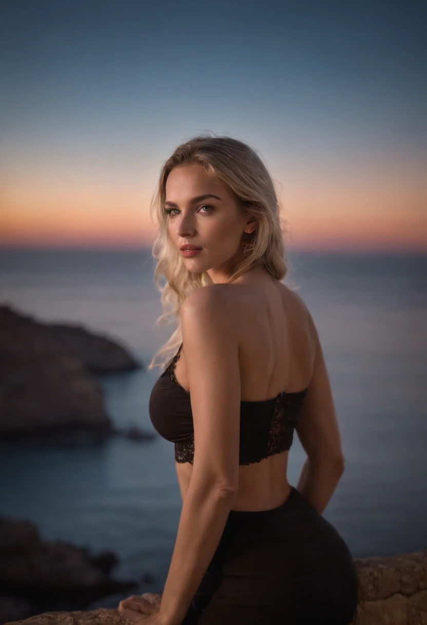 RA stunning night picture of the full body of Elsa Karlsson looking casual, beautiful model, admiring the sea, looking away from camera, a swedish model with blue eyes and blonde dreadlocks, wearing a black short dress that reveals her fit beautiful body, she is in a club having a party, close to the sardinian sea, rocky islands on the background and in the black night sky, flash light, looking casual. Canon eos 2000 dDSLR, Ultra Qualidade, foco nítido, afiado, profundidade de campos, Filmkorn, (Centrado), Fujifilm XT3, Cristalina, O centro do quadro, cara bonito, foco nítido, Laternenpfahl, Neonlichter, Bokeh, (mal iluminado), discreto, in the nighttime, (night sky), corpo inteiro, Medium plan, , no bra, nsfw,