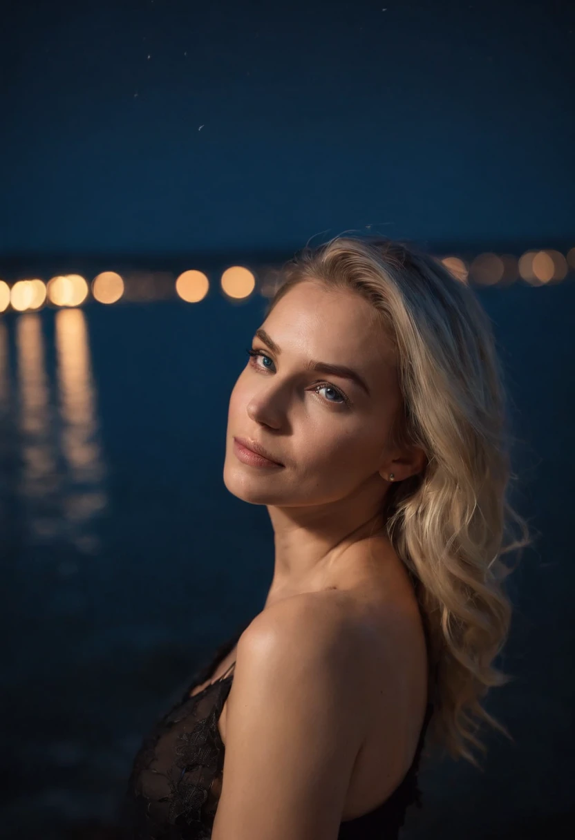RA stunning night picture of the full body of Elsa Karlsson looking casual, beautiful model, admiring the sea, looking away from camera, a swedish model with blue eyes and blonde dreadlocks, wearing a black short dress that reveals her fit beautiful body, she is in a club having a party, close to the sardinian sea, rocky islands on the background and in the black night sky, flash light, looking casual. Canon eos 2000 dDSLR, Ultra Qualidade, foco nítido, afiado, profundidade de campos, Filmkorn, (Centrado), Fujifilm XT3, Cristalina, O centro do quadro, cara bonito, foco nítido, Laternenpfahl, Neonlichter, Bokeh, (mal iluminado), discreto, in the nighttime, (night sky), corpo inteiro, Medium plan, , no bra, nsfw,
