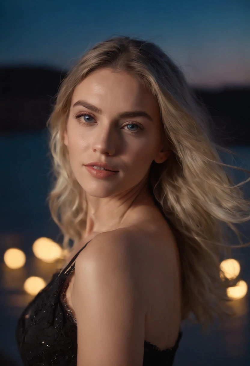 RA stunning night picture of the full body of Elsa Karlsson looking casual, beautiful model, admiring the sea, looking away from camera, a swedish model with blue eyes and blonde dreadlocks, wearing a black short dress that reveals her fit beautiful body, she is in a club having a party, close to the sardinian sea, rocky islands on the background and in the black night sky, flash light, looking casual. Canon eos 2000 dDSLR, Ultra Qualidade, foco nítido, afiado, profundidade de campos, Filmkorn, (Centrado), Fujifilm XT3, Cristalina, O centro do quadro, cara bonito, foco nítido, Laternenpfahl, Neonlichter, Bokeh, (mal iluminado), discreto, in the nighttime, (night sky), corpo inteiro, Medium plan, , no bra, nsfw,