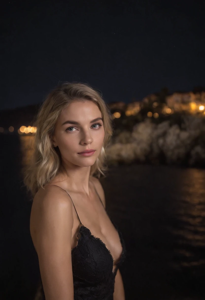 RA stunning night picture of the full body of Elsa Karlsson looking casual, beautiful model, admiring the sea, looking away from camera, a swedish model with blue eyes and blonde dreadlocks, wearing a black short dress that reveals her fit beautiful body, she is in a club having a party, close to the sardinian sea, rocky islands on the background and in the black night sky, flash light, looking casual. Canon eos 2000 dDSLR, Ultra Qualidade, foco nítido, afiado, profundidade de campos, Filmkorn, (Centrado), Fujifilm XT3, Cristalina, O centro do quadro, cara bonito, foco nítido, Laternenpfahl, Neonlichter, Bokeh, (mal iluminado), discreto, in the nighttime, (night sky), corpo inteiro, Medium plan, , no bra, nsfw,