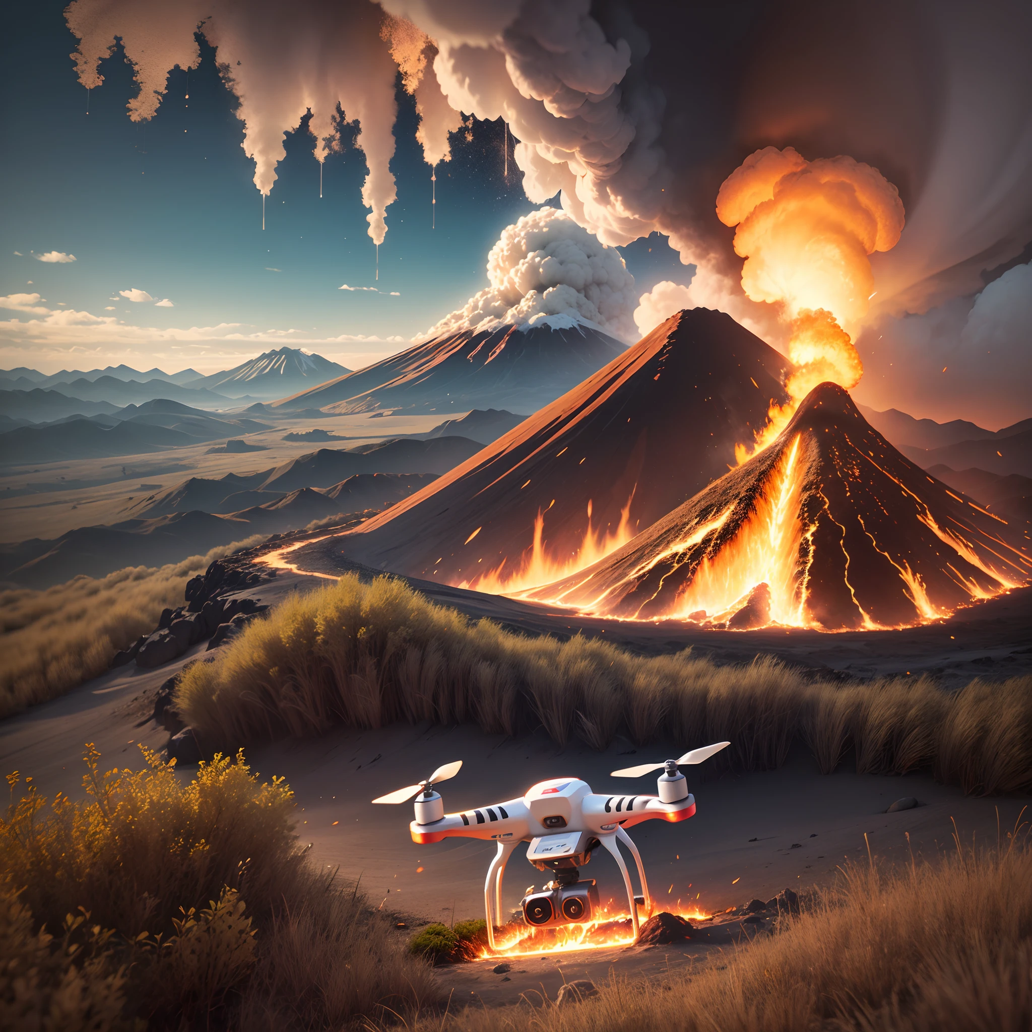 Generate photorealism image of a drone flying over an erupting volcano, various angles, with various elements of fire and lava --auto --s2