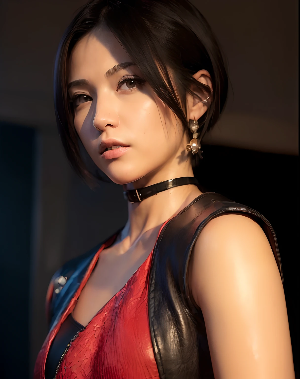 um close up de uma mulher com um top vermelho e gravata preta, Retrato de Tifa Lockhart, Tifa Lockhart, Retrato de Tifa Lockhart, Tifa lockheart, Retrato sedutor de Tifa Lockhart, Tifa, Glamorosa Jill Valentine, 8k portrait render, cinematic bust shot, Faye Valentim, Jogo CG, Dicas de Yayoi Kasuma