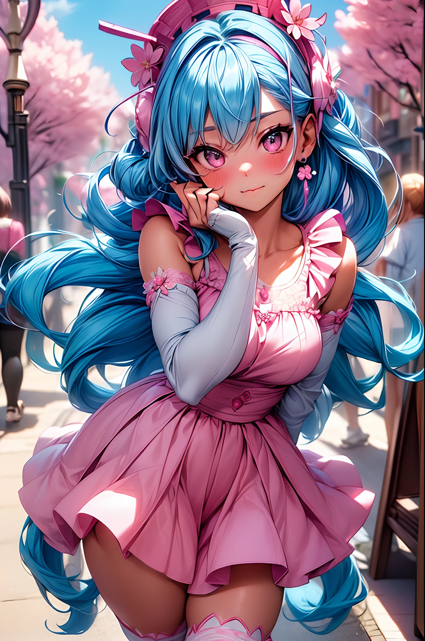 Half Red and blue  hair, pink eyes, woman, teal blue gold clothes,happy face, sexy, cat ears, hearts, floating hearts, thigh high tights,  long hair, smiling, cherry blossom, hair ornament