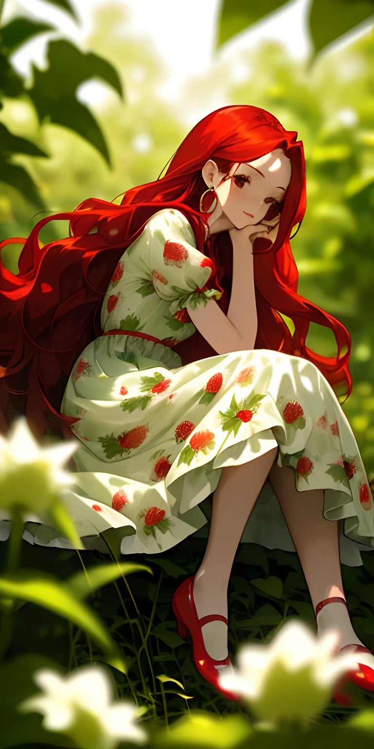 (masterpiece, best quality),1girl with long red hair sitting in a field of green plants and flowers, her hand under her chin, warm lighting, blurry foreground, wearing a white strawberries print dress, strawberry earrings, red shoes,