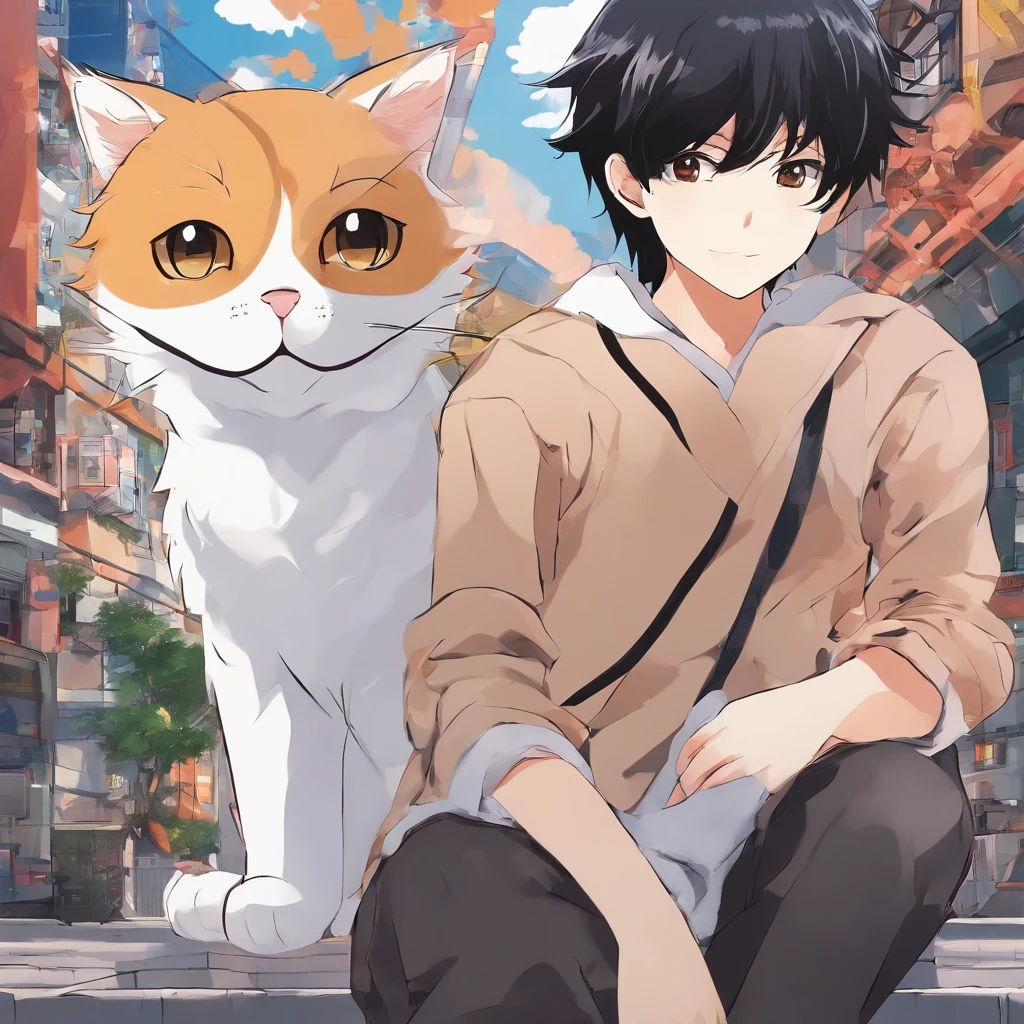 A boy with，Black hair，Big brown eyes，Blue sky background，A cat in his arms，tezuka osamu，A high resolution，Best quality at best，ultraclear