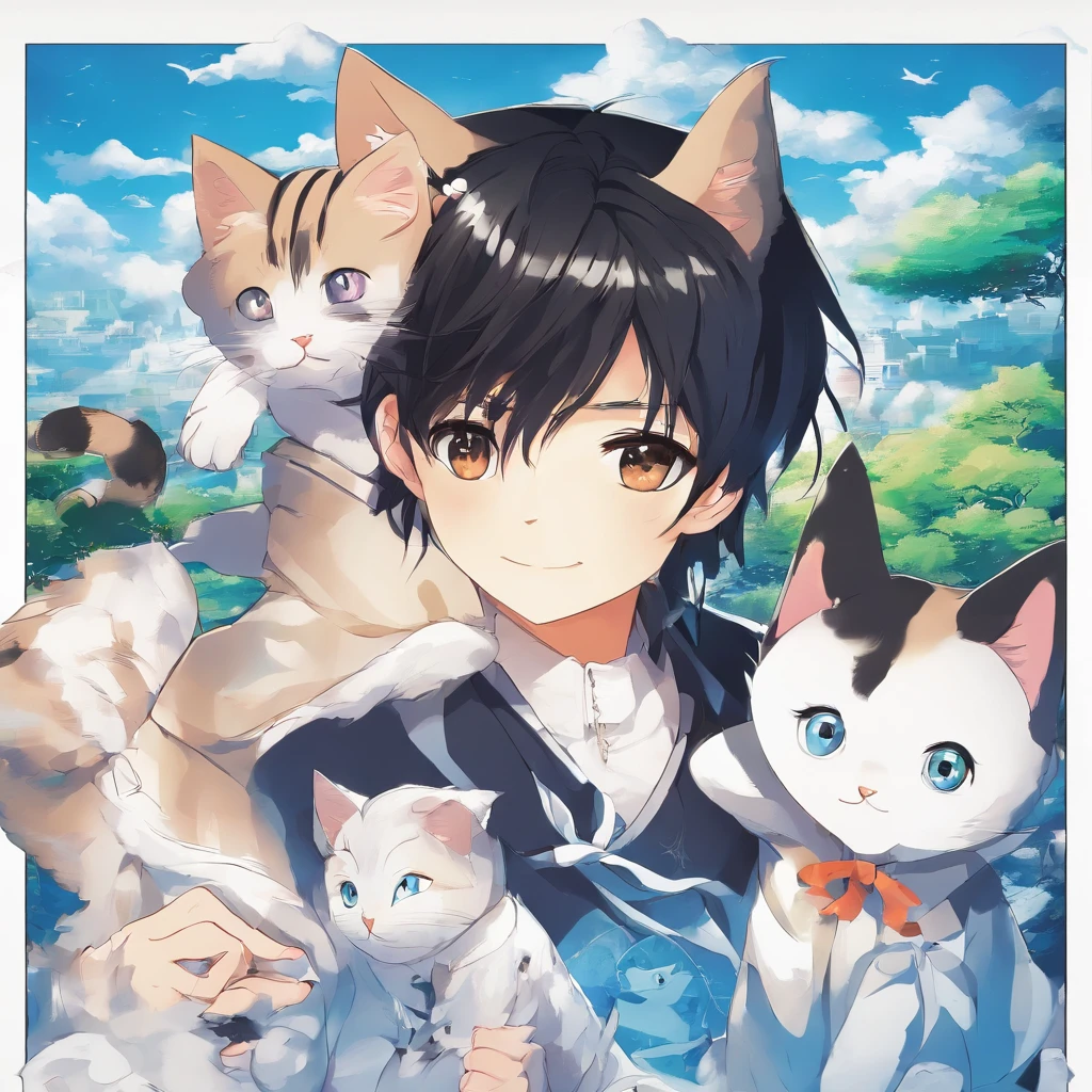 A boy with,Black hair,Big brown eyes,Blue sky background,A cat in his arms,tezuka osamu,A high resolution,Best quality at best,ultraclear