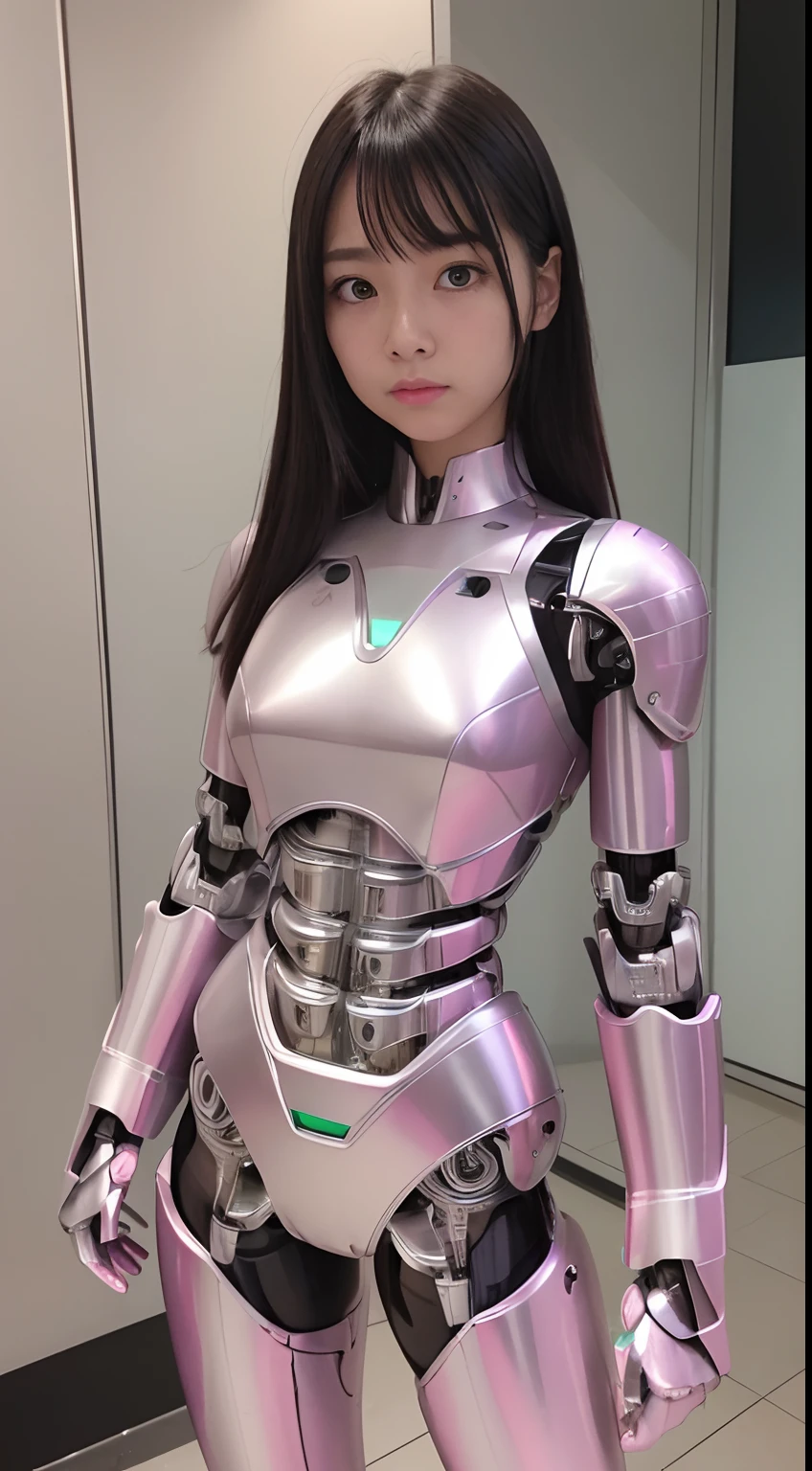(Photorealistic: 1.4), 1 girl, (best quality), (ultra-detailed face), (ultra-well-formed face), (((robot parts)), (cyborg girl), (pink), (silver), (metallic), (full-body), (Moe pose), (thin), (), (model body type), (Akihabara), (looking at camera), (black hair), (9 heads), (small face), (well-groomed fingers) , (Idol), (frontal), (standing), (photo session), (sad), (costume)
