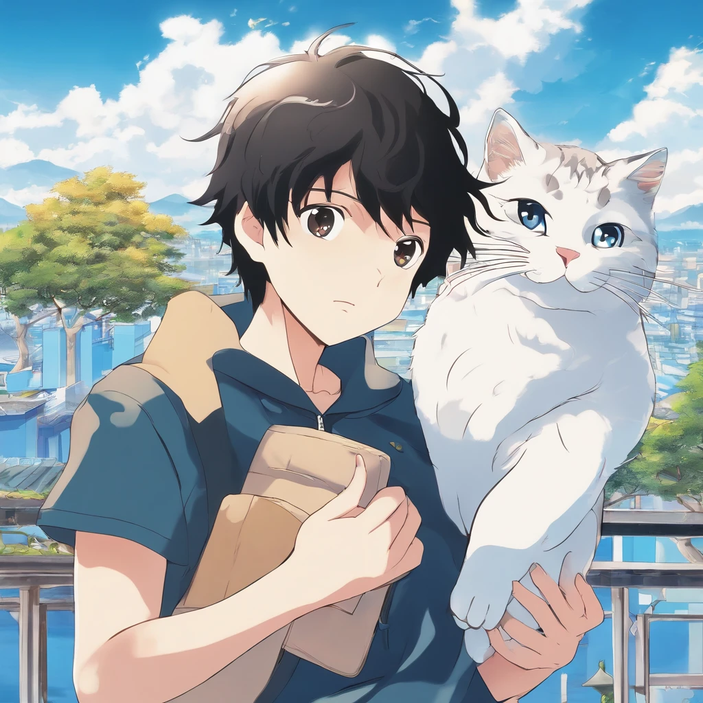 (a boy,black hair,brown large eyes,blue sky background,a cat in his arms,Osamu Tezuka,high resolution,best quality,ultra HD)