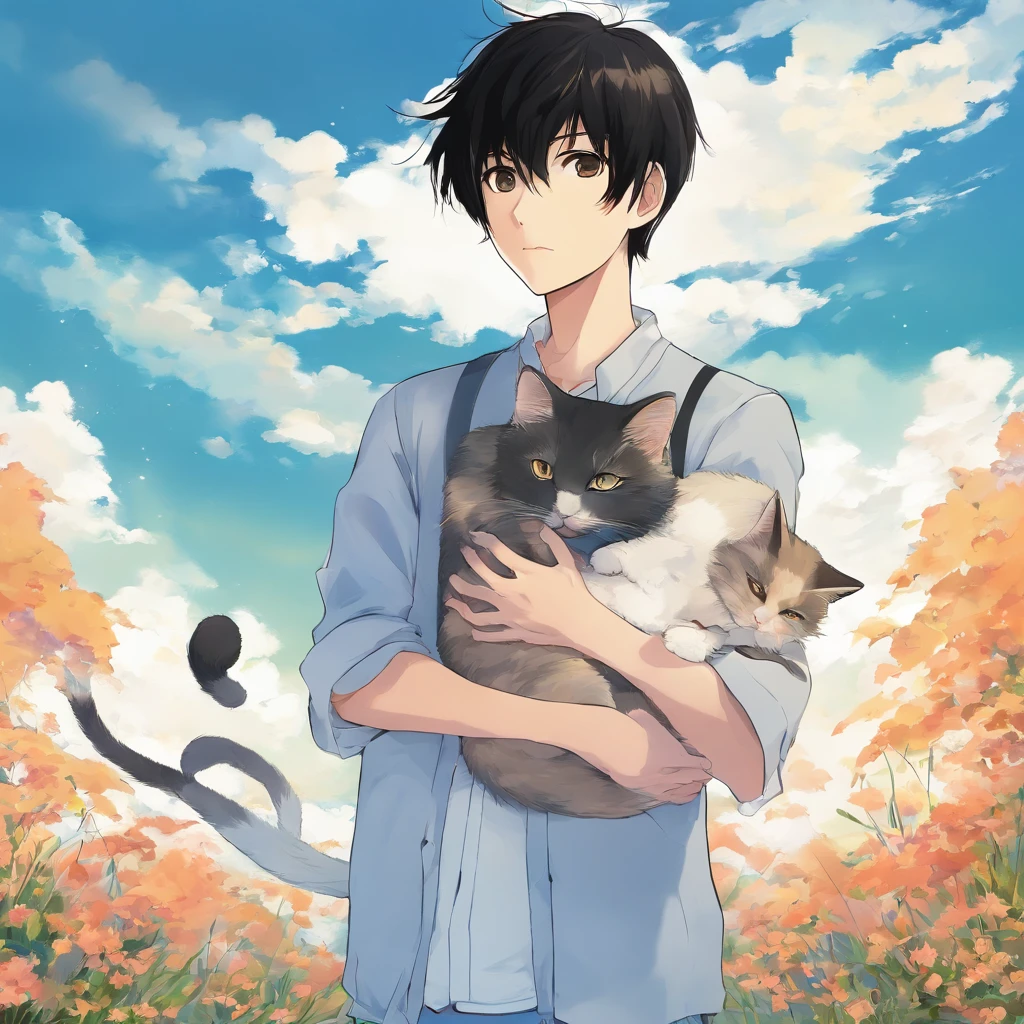 (a boy,black hair,brown large eyes,blue sky background,a cat in his arms,Osamu Tezuka,high resolution,best quality,ultra HD)