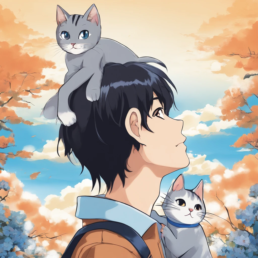(a boy,black hair,brown large eyes,blue sky background,a cat in his arms,Osamu Tezuka,high resolution,best quality,ultra HD)
