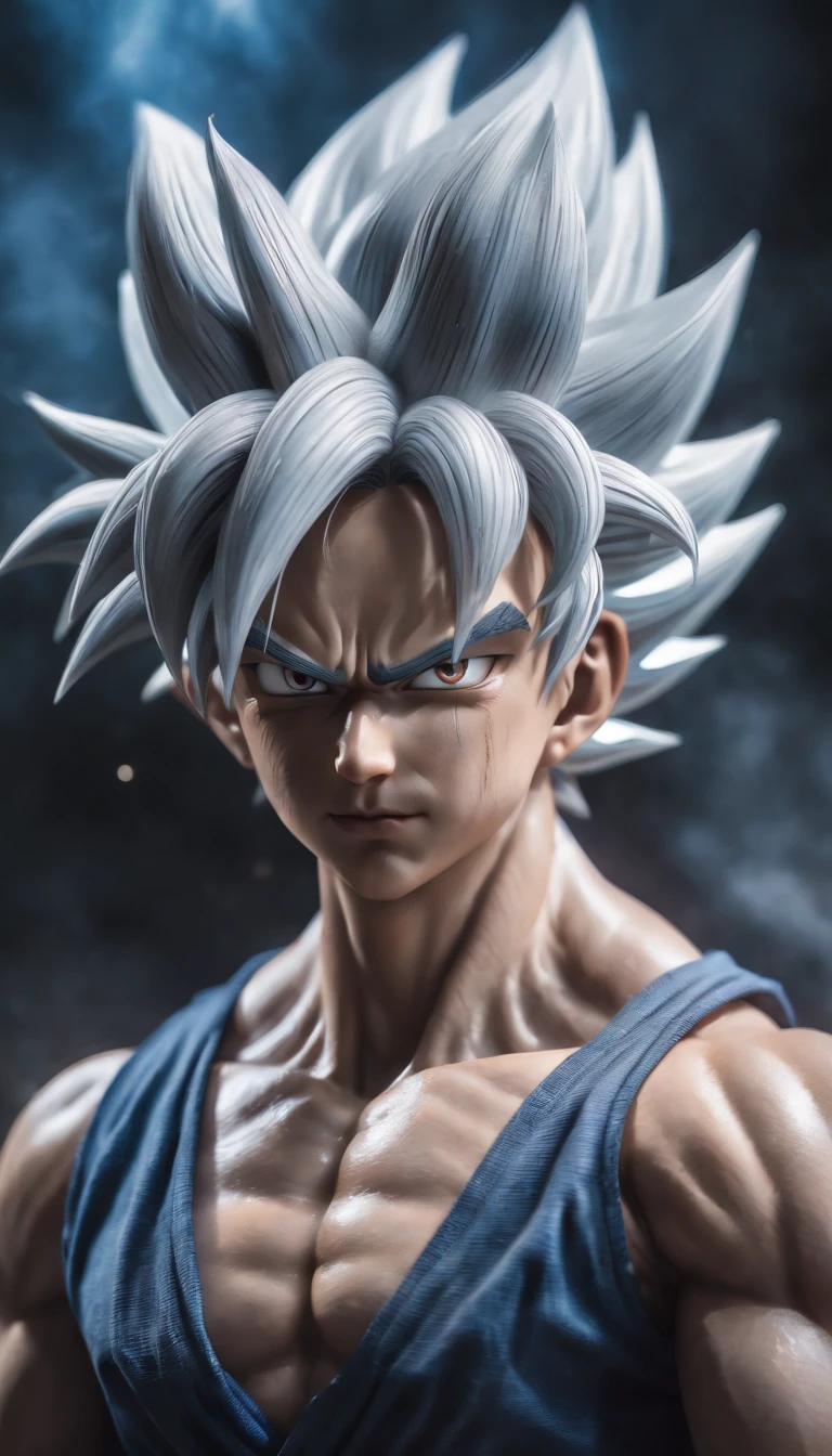 songoku ultra instinct, cool, cold eyes, full body, radiating energy, (thunder surrounding the body), hair like fire, super detailed, extremely realistic, ultra realistic, 8k