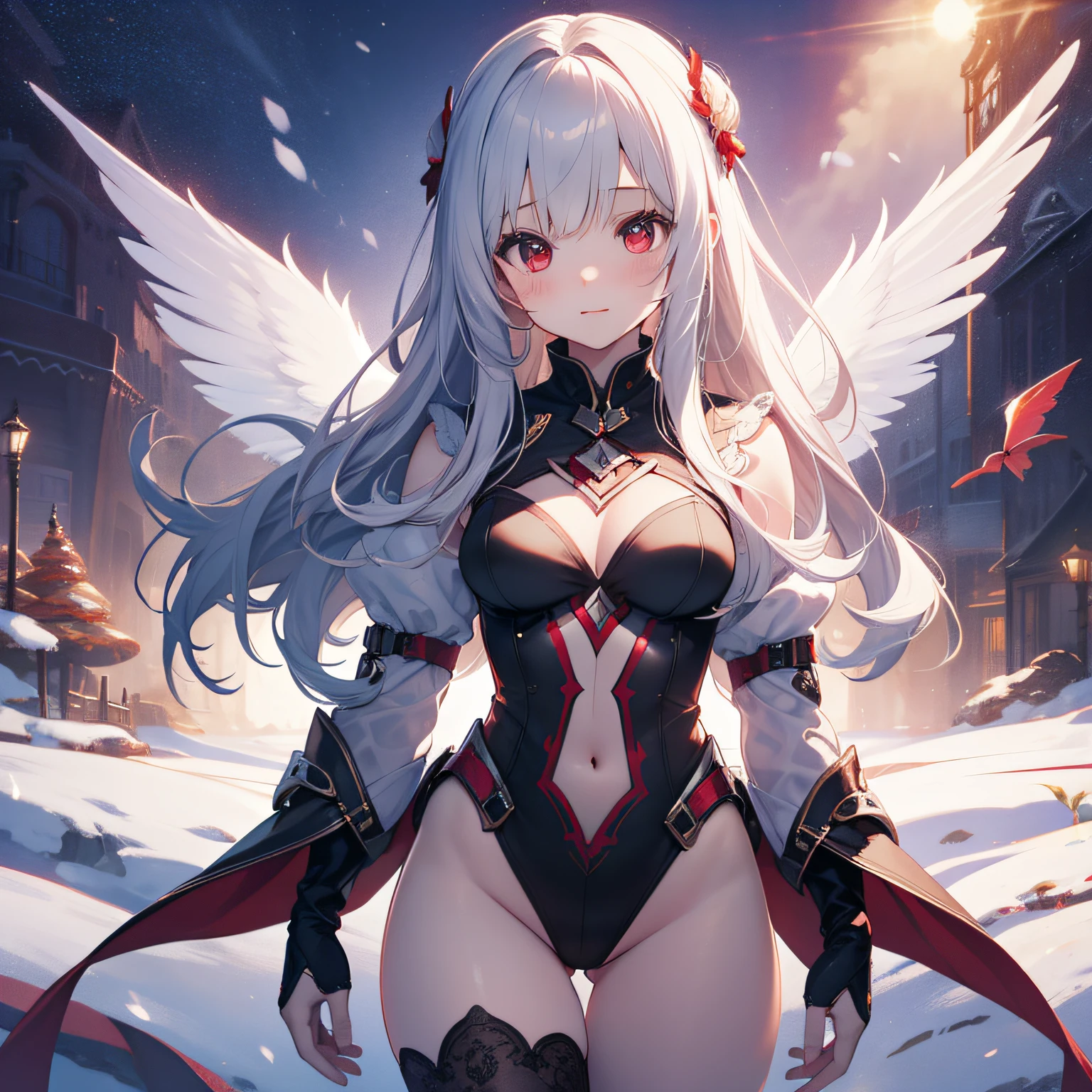Beautiful illustration、top-quality、cute petit girl、(transform sequence)、magical little girl、((Leotard))、Chibi、white magical girl、Fractal Art、albino、baby-face、long snow-white and red mesh hair,,,,,、Beautiful detailed red eyes、lighting like a movie、cowboy  shot、looking at the viewers、frombelow、Happiness