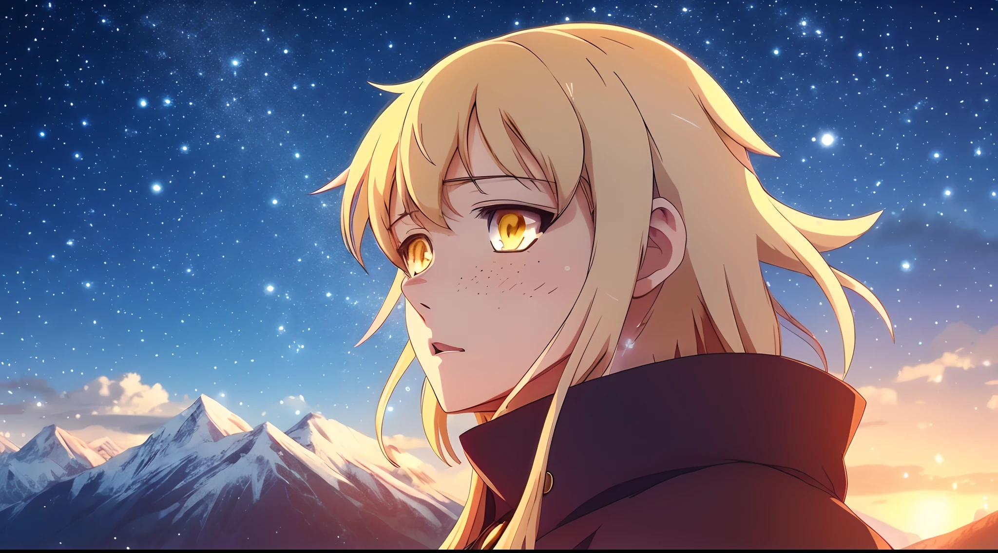 anime girl with yellow eyes looking at something, female lead character 👀 :8, close up of a young anime girl, anime girl , in the anime film, today's featured anime still, anime visual of a cute girl, mountains, night time, Young Moon, woods, Golden Comet, snowing, anime visual of a young woman, too, female protagonist, young anime girl, still from anime, Bald female anime character,