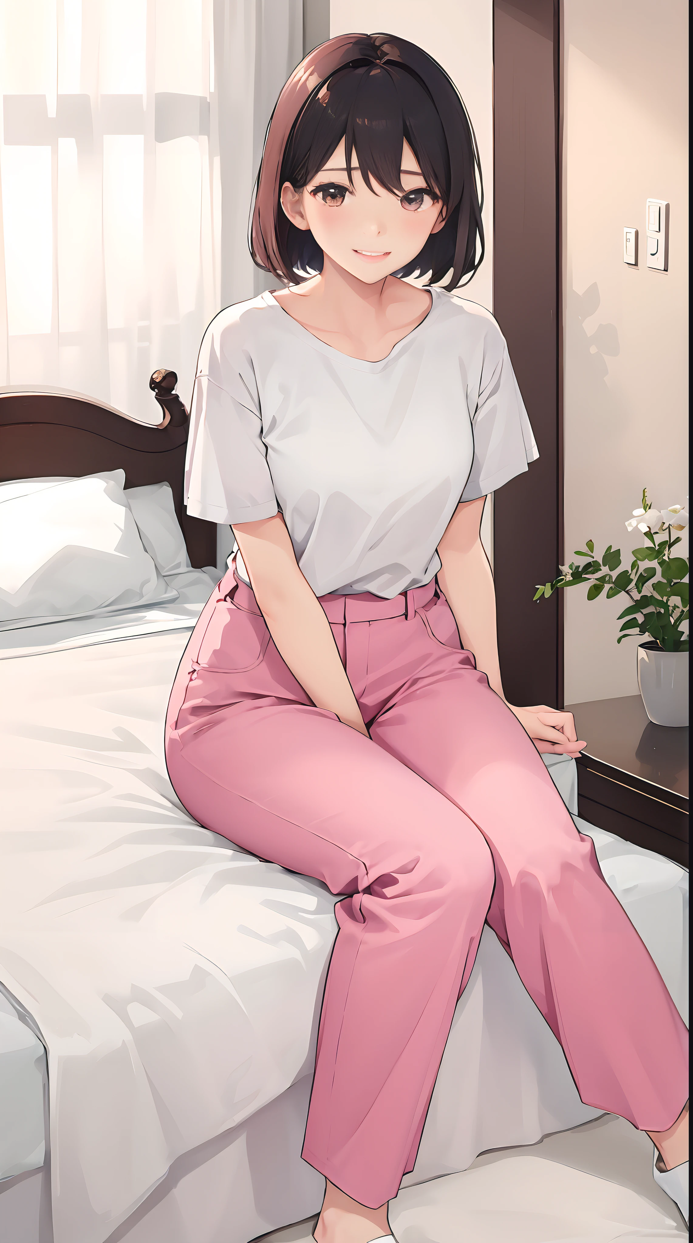 1girll, 独奏, Wear red short sleeves,Wear pink slacks,sit on a bed,The chest is large,Perfect hands