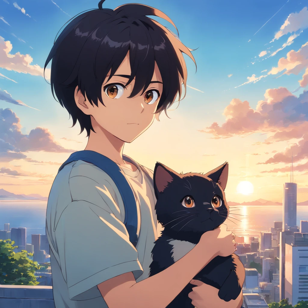 A boy with black hair, brown big eyes, blue sky background, holding a cat, Osamu Tezuka, high resolution, best quality, ultra-clear.