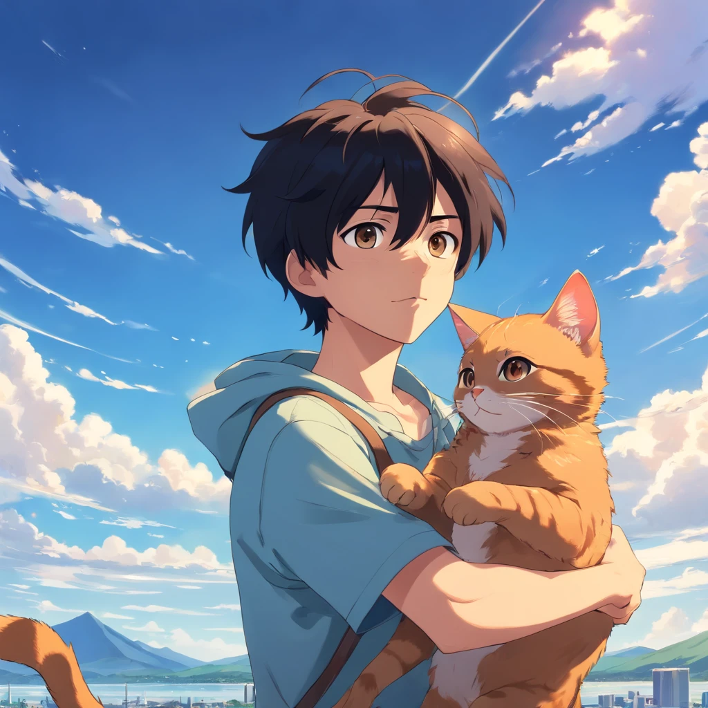 A boy with black hair, brown big eyes, blue sky background, holding a cat, Osamu Tezuka, high resolution, best quality, ultra-clear.