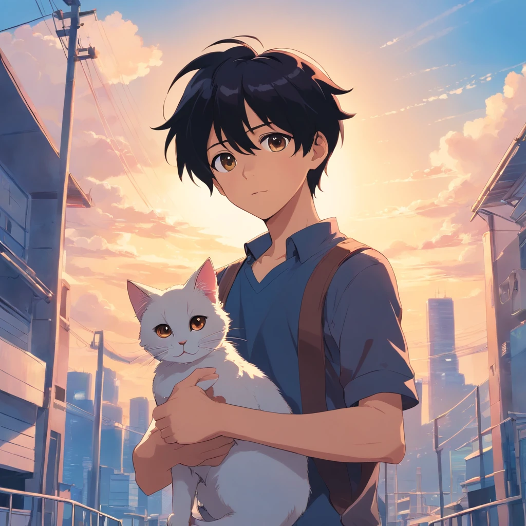 A boy with black hair, brown big eyes, blue sky background, holding a cat, Osamu Tezuka, high resolution, best quality, ultra-clear.