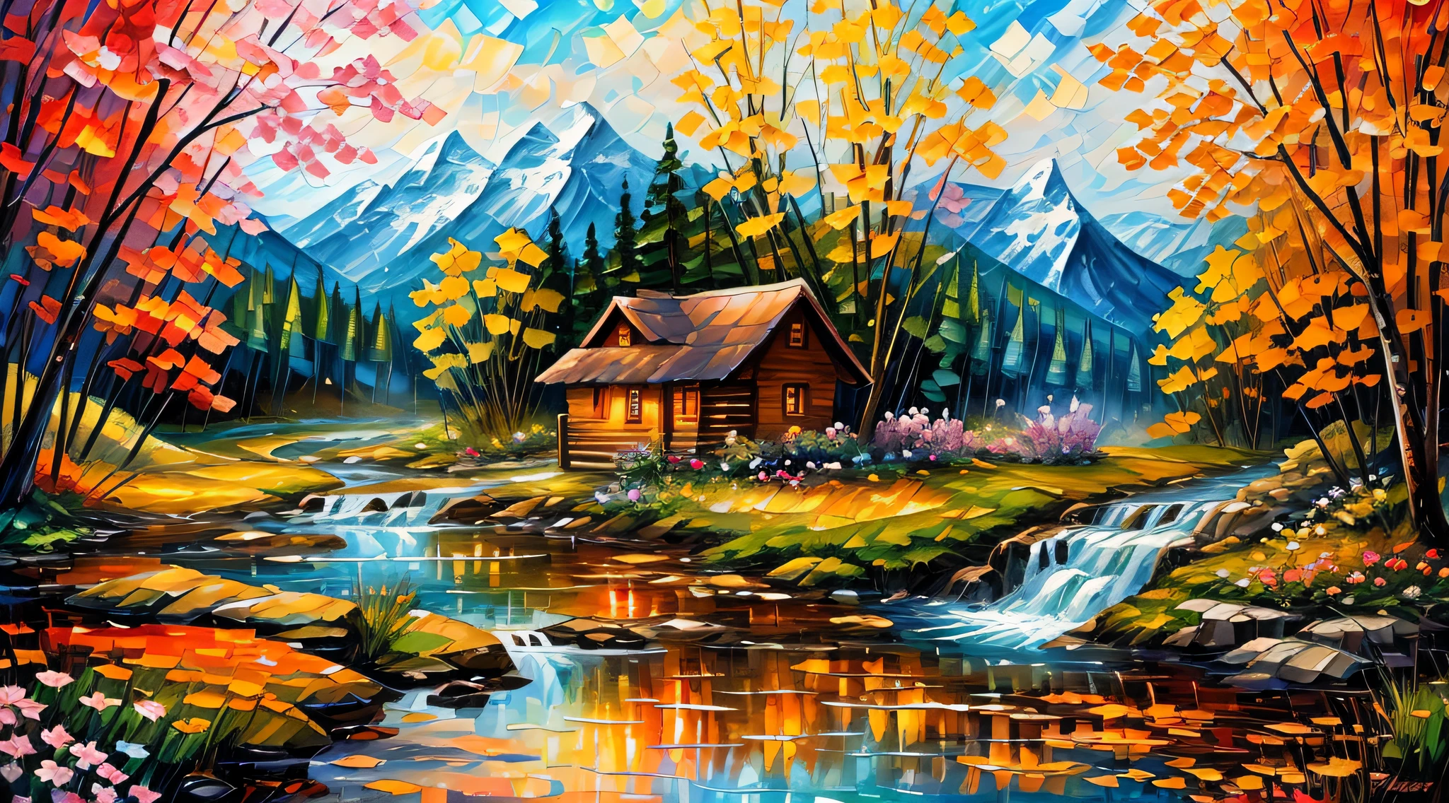 Painting of a cabin in a mountain stream with a waterfall, flowers are blooming beside the fence, , 4 k watercolor painting, beautiful painting, 4 k, cottage in the forest, beautiful oil painting on canvas, detailed brush stroke,  beautiful digital painting, smooth oil painting, beautiful art uhd 4 k, 8 k hd detailed oil painting, oil digital painting, Beautiful Landscape Art On Canvas By Leonid Afremov