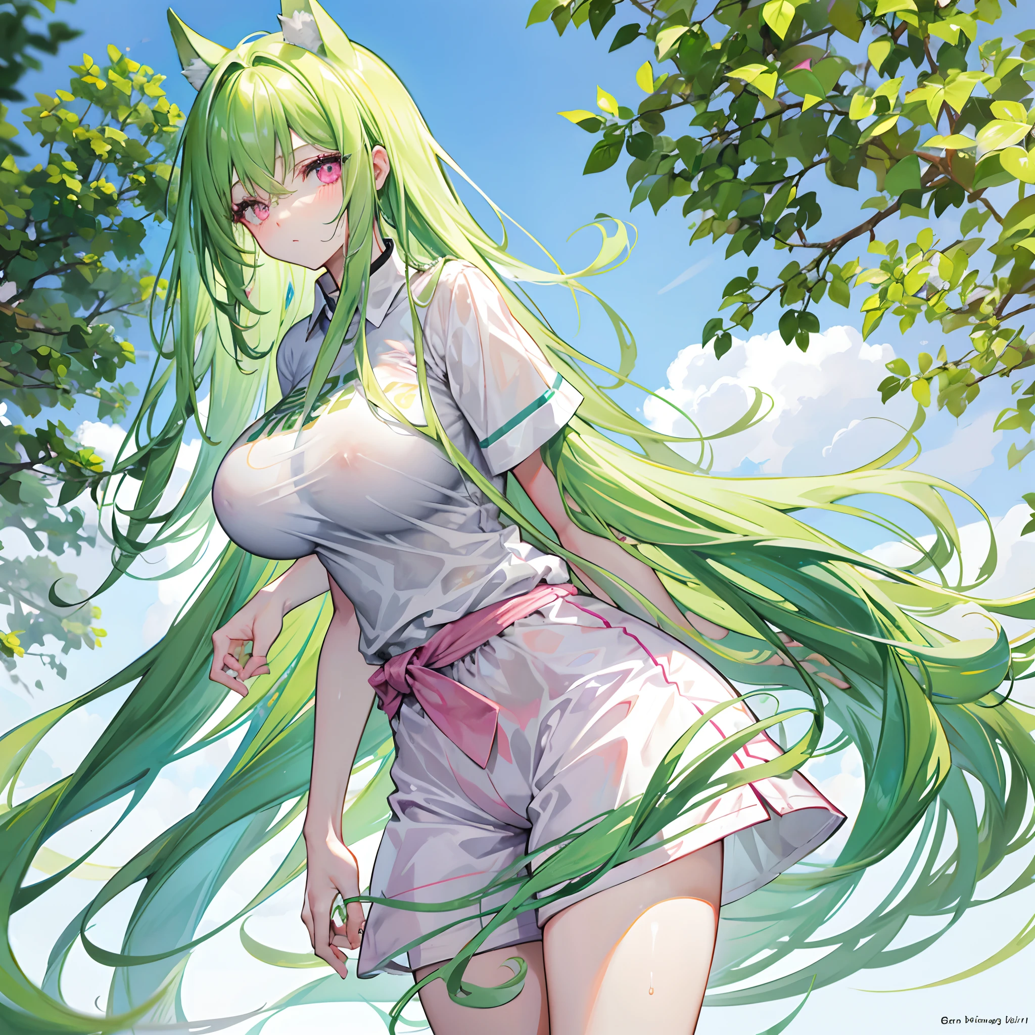 Long green hair radiates to the waist，Pink eyes，Loving pupils，girl，huge tit，White sports shorts，white short sleeve，Clothes drenched in sweat，Stand a word horse，