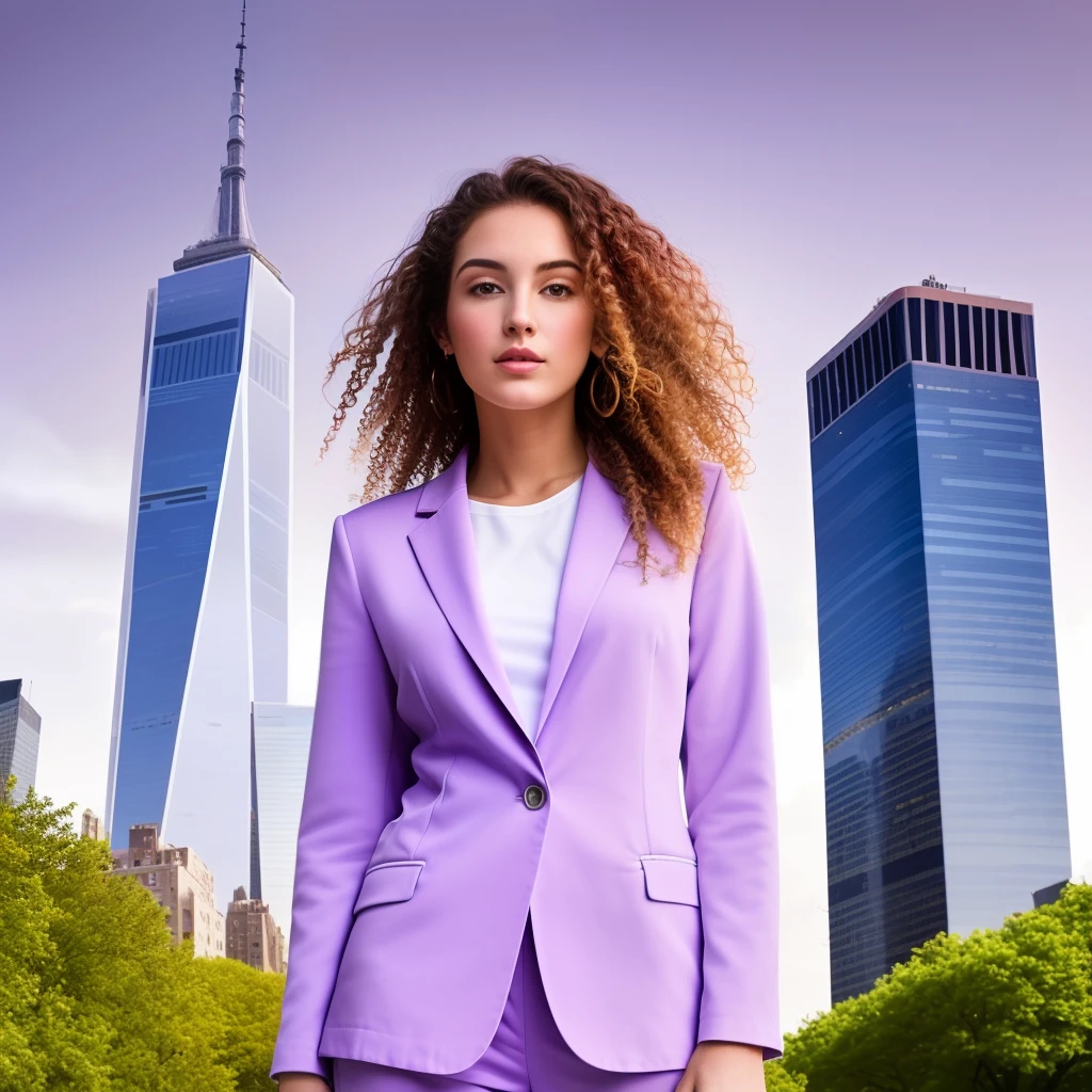 Graceful blonde girl with long dark blond curly hair, developing in the wind in a lilac pantsuit and white sneakers, in full height, Draw sneakers in detail, among the skyscrapers in New York, Draw hyper-realistic, hyper-detailing, 8k, A realistic photo, higly detailed, realistness,