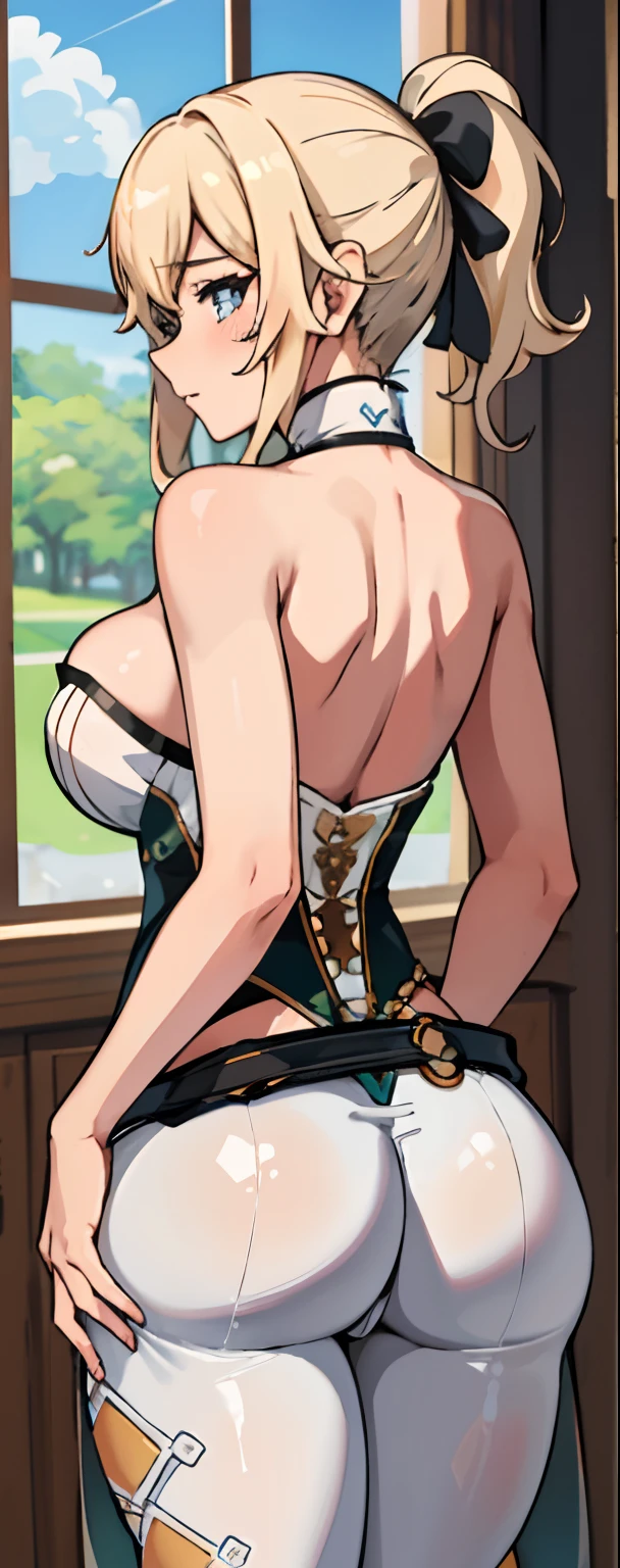 tmasterpiece，Best quality at best，highers，1girll，beauitful face，face_Focus，（Large breasts），（NSFW）posterior view，big cuvy hips，Bare buttocks，cum on butt，Drizzle with white liquid buttocks，nakeness
