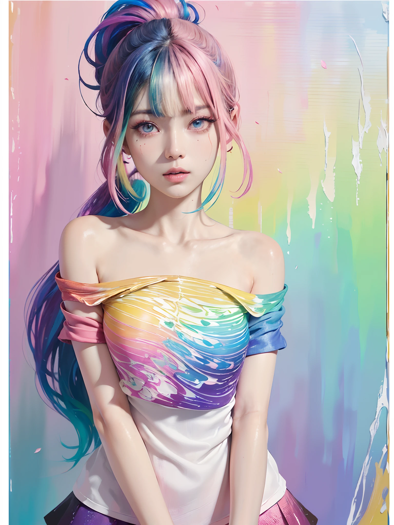 (SFW、masuter piece、Best Quality、masutepiece、top-quality、Top image quality、extremely beautiful lady)、(Pink fashion T-shirt:1.9)、(colourful hair:1.8)、(all the colours of the rainbow:1.8)、((((Vertical Painting:1.6)))、(Painterly:1.6)、frontage、comic strip、illustratio、Painterly、big eye、Sheer eyes、(Iridescent gradient high ponytail:1.7)、Exquisite makeup、Mouth closed、(Small fresh:1.5)、(Wipe Chest:1.6)、long eyeslashes、White off-the-shoulder T-shirt、White shoulder shirt、looking at the spectator、Large watery eyes、(rainbow-colored hair:1.6)、 color splashes, (独奏:1.8), color splashes, Color explosion, Thick paint style, Messy lines, ((Shines)), (colourfull), (colourfull), colourfull, colourfull, Chic paint style, (Splash) (color splashes), Vertical Painting, The upper part of the body, Paint splashes, Acrylic Pigment, gradients, paint, Top image quality, Top image quality, ​masterpiece, 独奏, depth of fields, facepaint, colourful clothes, (elegent: 1.2), Gorgeous,length hair, the wind, (elegent: 1.3), (flower petals:1.4)、(((​masterpiece)))、(((top-quality)))、((ultra-detailliert))、(illustratio)、(dynamic ungle)、((Planktonic))、(paint)、((dishevled hair))、(独奏)、(1girl in)、((Detailed anima face)))、((beautifull detailed face))、collars、bare shoulders​、white  hair、((colourful hair))、(((striated hair))、beatiful detailed eyes、(Gradient color eyes)、(((Colorful eyes))))、(colorful backdrop))))、((((a high chroma))))、(((Surrounded by colorful splashes)))、lightbrown hair、Intense crystal light blue eyes、Highlights in the eyes、Look firmly at the camera、((extremely beautiful lady、NSFW Anything?、masuter piece、Highest Standards、top-quality、Top image quality、超A high resolution、Symmetrical beauty、Add strong highlights to the eyes))、Be bold in the crotch、very massive udder、Exposed udder、Beautiful areola、protruding papillae、(huge-breasted)、portlate、Perfect Angle、acrobatic pose、(Professional quality、hight resolution)、perfect contrast、Perfect litthing、perfect-composition、flawless skin、perfect hand、Pretend to be