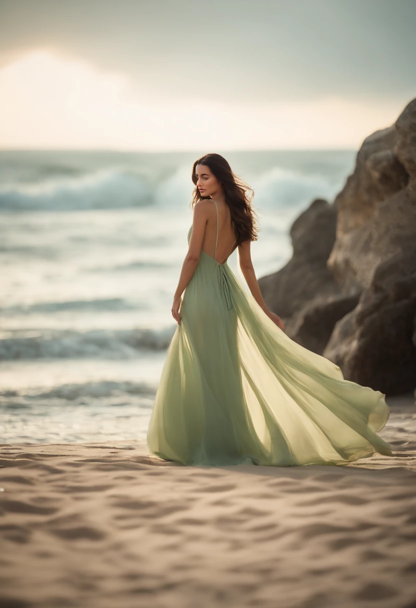 Ala Fed woman in thin light green dress standing on the beach, Flowing gown, fantasy long intricate gown, A flowing dress, ethereal beauty, sexy gown, dressed beautiful gown, jaw-dropping beauty, Flowing light green dress, full pose, Beautiful Gowns, jen zee, jaw dropping beauty, wearing flowing dress, stunning elegant, Full length view, Light green gown, translucent  dress