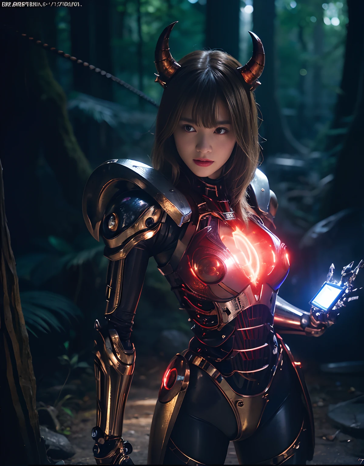 ((Fighting Demonic Beasts))、top-quality、masterpiece、超A high resolution、(Photorealsitic:1.4)、Raw photo、女の子1人、Golden hair、glowy skin、(((1 Mechanical Girl)))、With a beautiful knife、(Blue Metal Bodysuit)、(beautiful forest background)、(Fighting Demonic Beasts)、(Small LED)、((super realistic details))、portlate、(Strong giant demon beast background),globalillumination、Shadow、octan render、8K、ultrasharp、Colossal tits、Raw skin is exposed in cleavage、metals、Details of complex ornaments、Japan details、highly intricate detail、Realistic light、CGSoation Trends、Red Eyes、radiant eyes、Facing the camera、neon details、(Mechanical limbs)、(blood vessels connected to tubes)、Mechanical vertebrae attached to the back、mechanical cervical attaching to neck、(Wires and cables connecting to the head)、Gundam、Small LED、,Mechanical thighs、Toostock、(Hands are also made of machines)、(Attack of the Monster Beasts)、(Wounded in a deadly battle)、