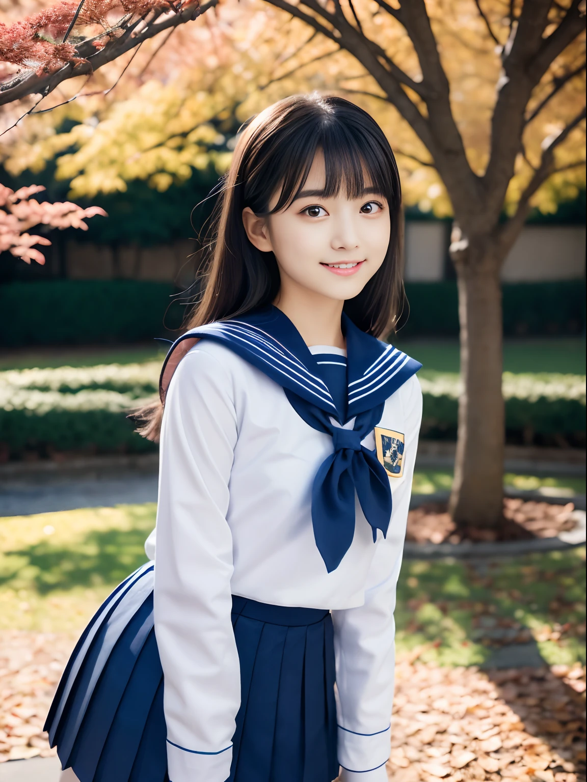 ulzzang -6500-v1.1, (Raw photo:1.2), (Photorealistic:1.4), (1 beautiful detailed girl), Very detailed eyes and face, Beautiful detailed eyes, Huge file size, , High resolution, Very detailed, Best Quality, masutepiece, (beautiful countenance:1.2)、(Beautiful figure:1.2)、(hyper pretty face:1.5), Black hair straight, bangss、Face like an idol、Nogizaka4６、AKB48、(Japan schoolgirl traditional school uniform、Navy blue winter sailor uniform:1.2), (Navy blue pleated skirt:1.2), Very detailed, in 8K、Wallpaper, amazing, Fine details, masutepiece, Best Quality,in 8K、wall-paper, , Cinematic lighting, 1girl in, (****************:1.2),　Dynamic Pose, Navy blue socks,  (Beautiful autumn park background on lawn), Beautie、A smile、drooing eyes、