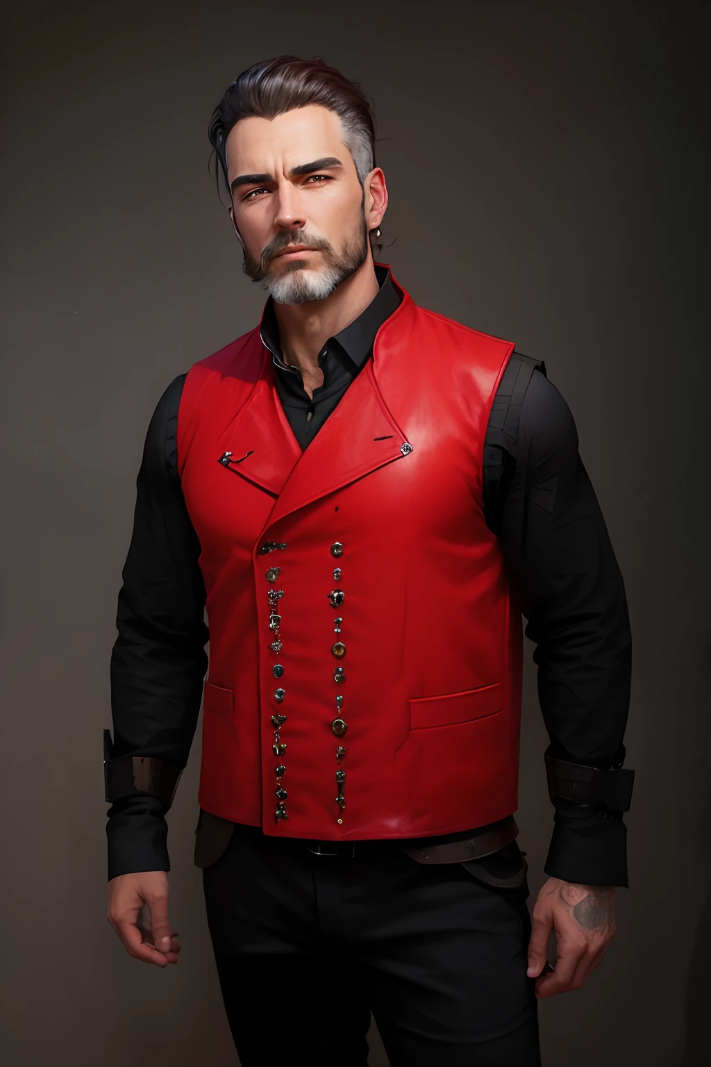 A man dressed in a red vest and black shirt posing for a photo, Gilet rouge, Gilets et corsets, Le mannequin porte un gilet technique, Porter un gilet rouge, queue rouge, gilet, steampunk clothes, Porter un gilet, porter un gilet, Porter un gilet, inspired by Jules Robert Auguste, Portrait masculin Steampunk, Realistic utlra, Ultra detailded, 8k, heureux, souriant